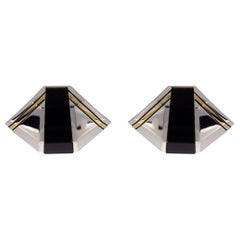 Michael Bondanza Deco Silver 
Gold Cabochon Onyx Clip Earrings