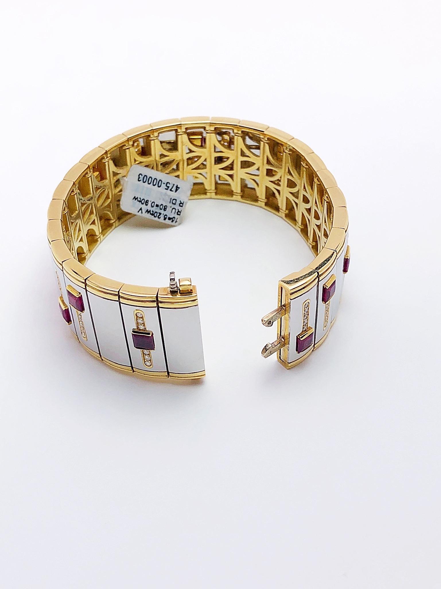 Art Deco Michael Bondanza Platinum and 18KT Yellow Gold Bracelet with Rubies and Diamonds For Sale
