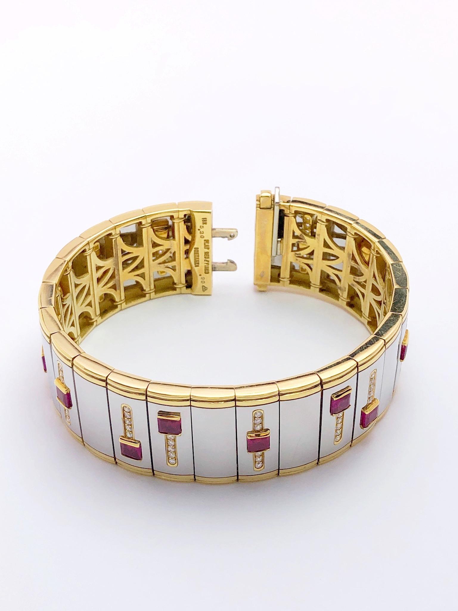 Square Cut Michael Bondanza Platinum and 18KT Yellow Gold Bracelet with Rubies and Diamonds For Sale