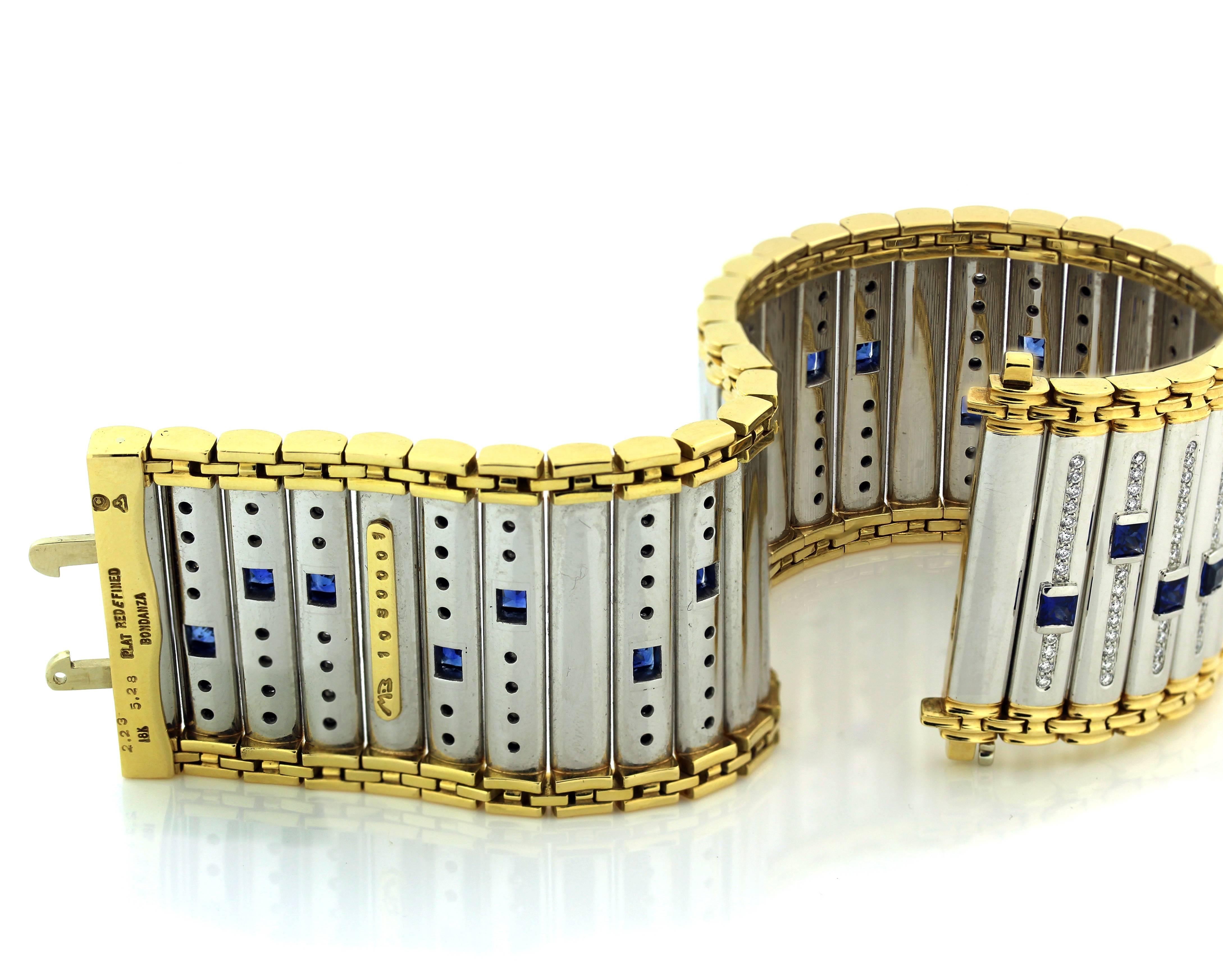 Michael Bondanza Platinum and Gold Blue Sapphire Diamond Bracelet In Excellent Condition In Boca Raton, FL