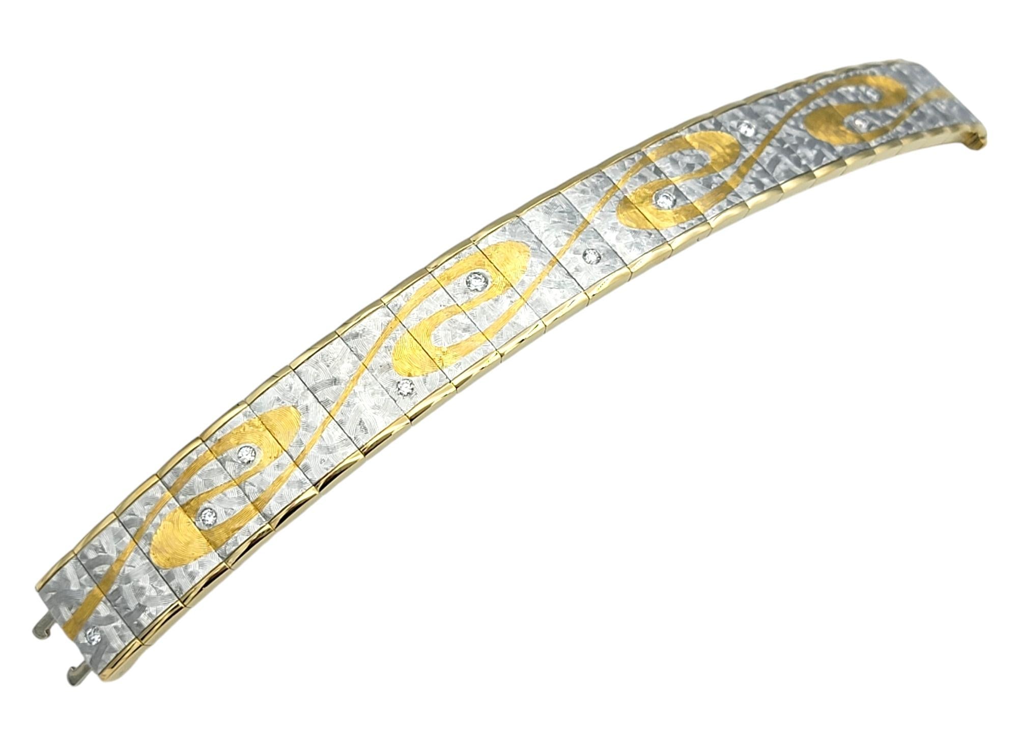 Contemporary Michael Bondanza Two-Tone Textured Swirl Motif Link Bracelet with Diamonds For Sale