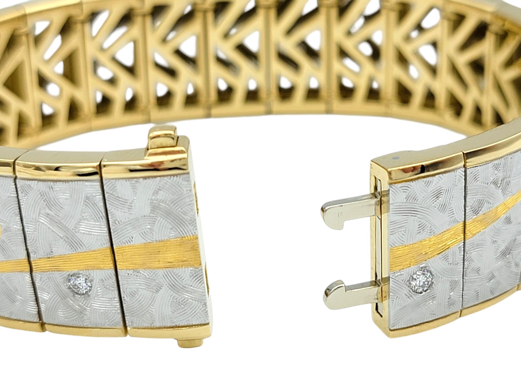 Women's Michael Bondanza Two-Tone Textured Swirl Motif Link Bracelet with Diamonds For Sale