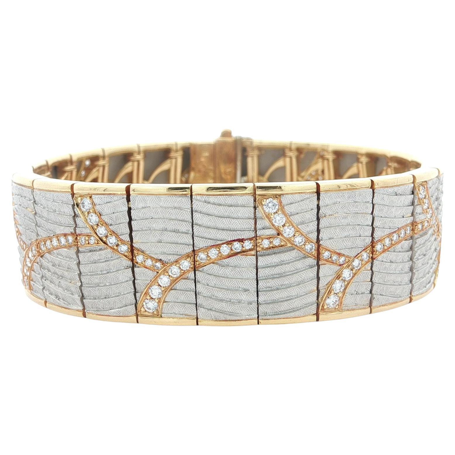 Michael Bondanza Venti Bracelet large en or 18k et platine gravé à la main de diamants