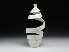 Spatial Spiral I - White spiral abstract ceramic sculpture