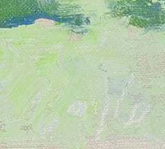 Paesaggio contemporaneo dipinto ad olio colorato espressionista alberi foresta cielo