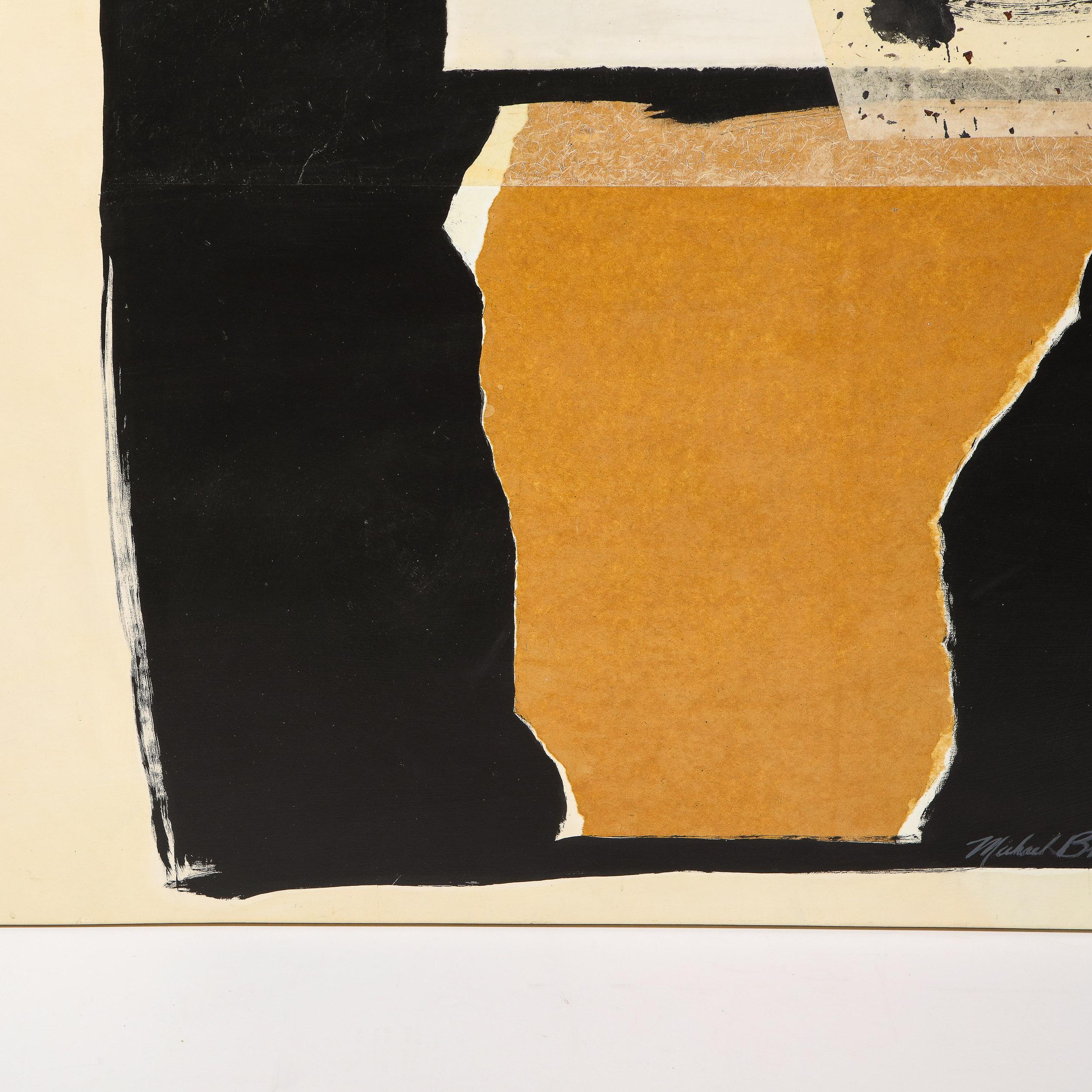 This refined mixed media work was realized by the esteemed American artist Michael Brangoccio in 1986. Realized in the manner of Robert Motherwell, this painting features laid paper and applied pigments against a natural canvas background. A black