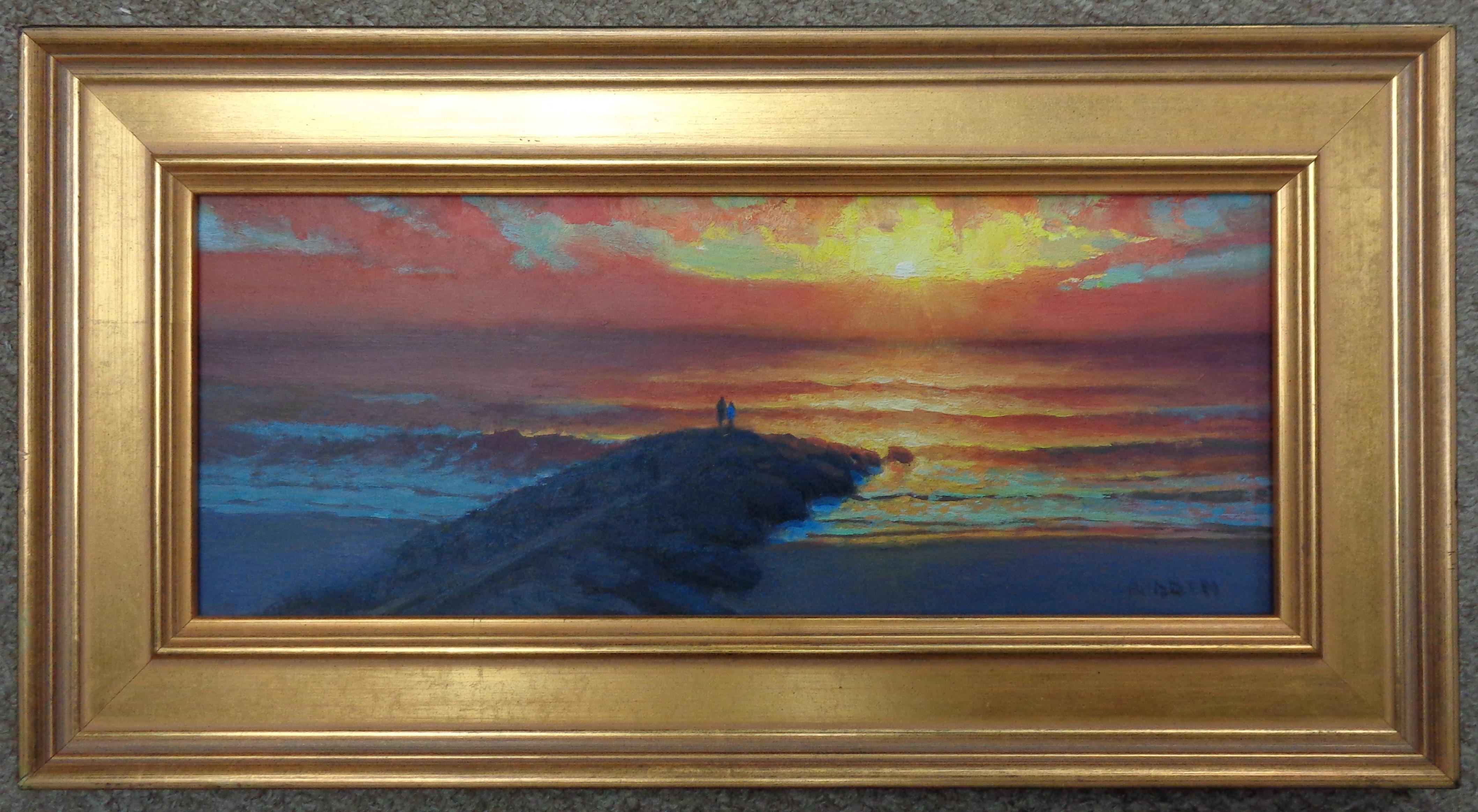 Sunrise Glitter is a beautiful  oil painting on panel by award winning contemporary artist Michael Budden that showcases the incredible color one can possibly witness in the morning sunrise. The painting is on masonite and a vary unique sized panel.