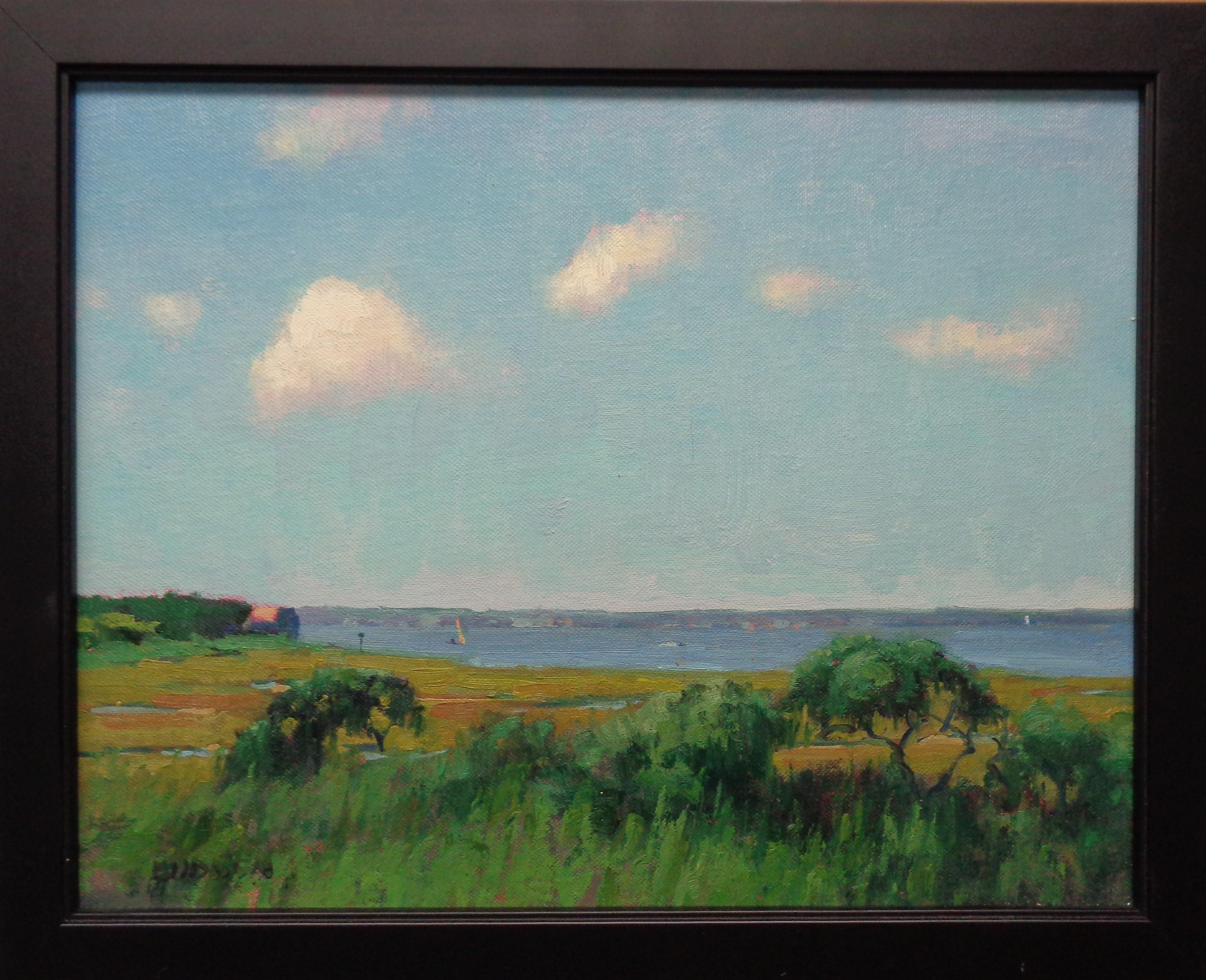Afternoon Light is an oil painting on canvas by award winning contemporary artist Michael Budden that showcases a beautiful afternoon on the marsh looking at the bay with boats.  This painting is in great shape but the frame shows some wear as it is