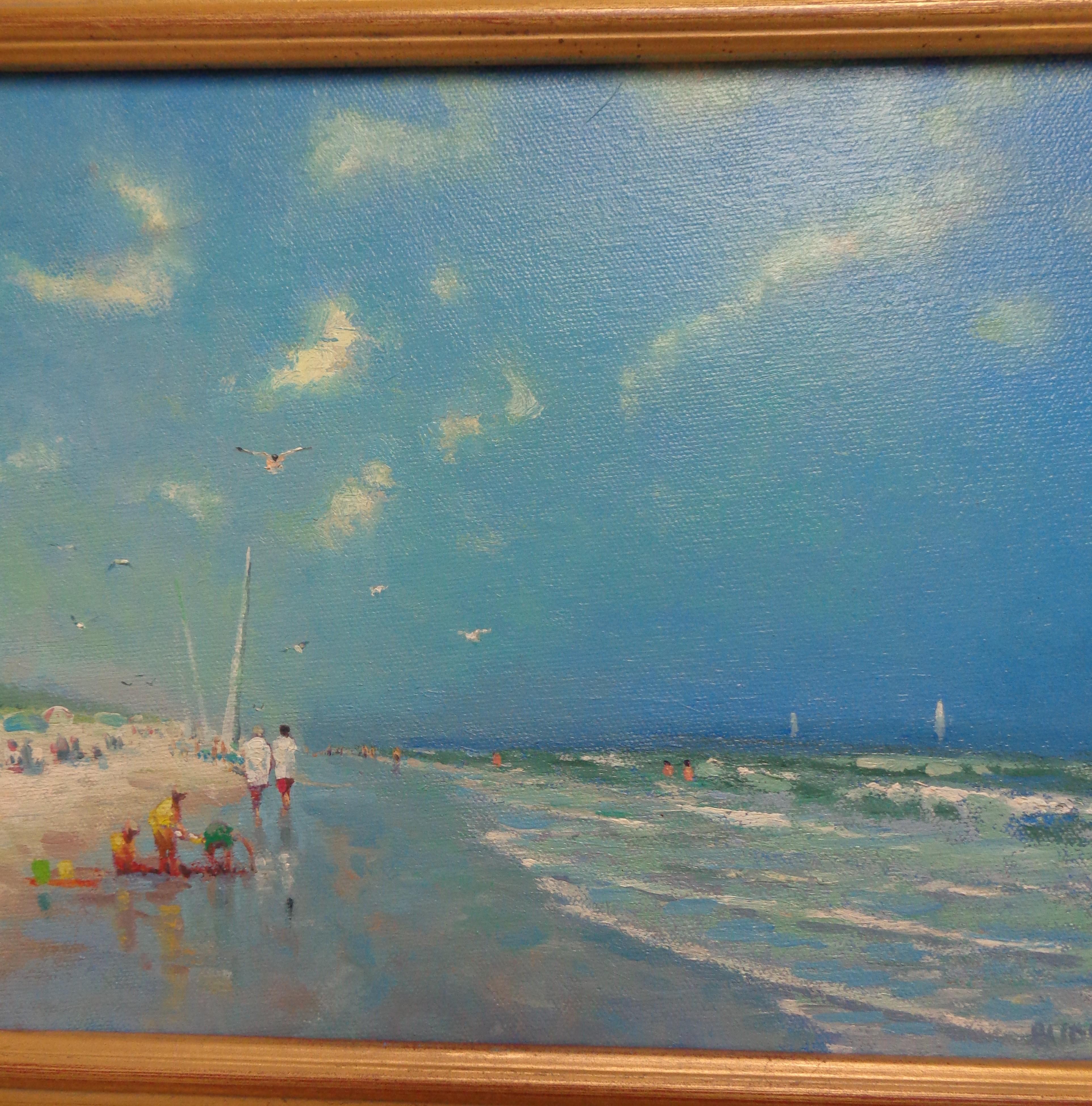Summertime is an oil painting on canvas by award winning contemporary artist Michael Budden that showcases a beautiful beach scene created in an impressionistic realism style. The image measures 9 x 12 unframed and 15 x 18.13 framed. Please note