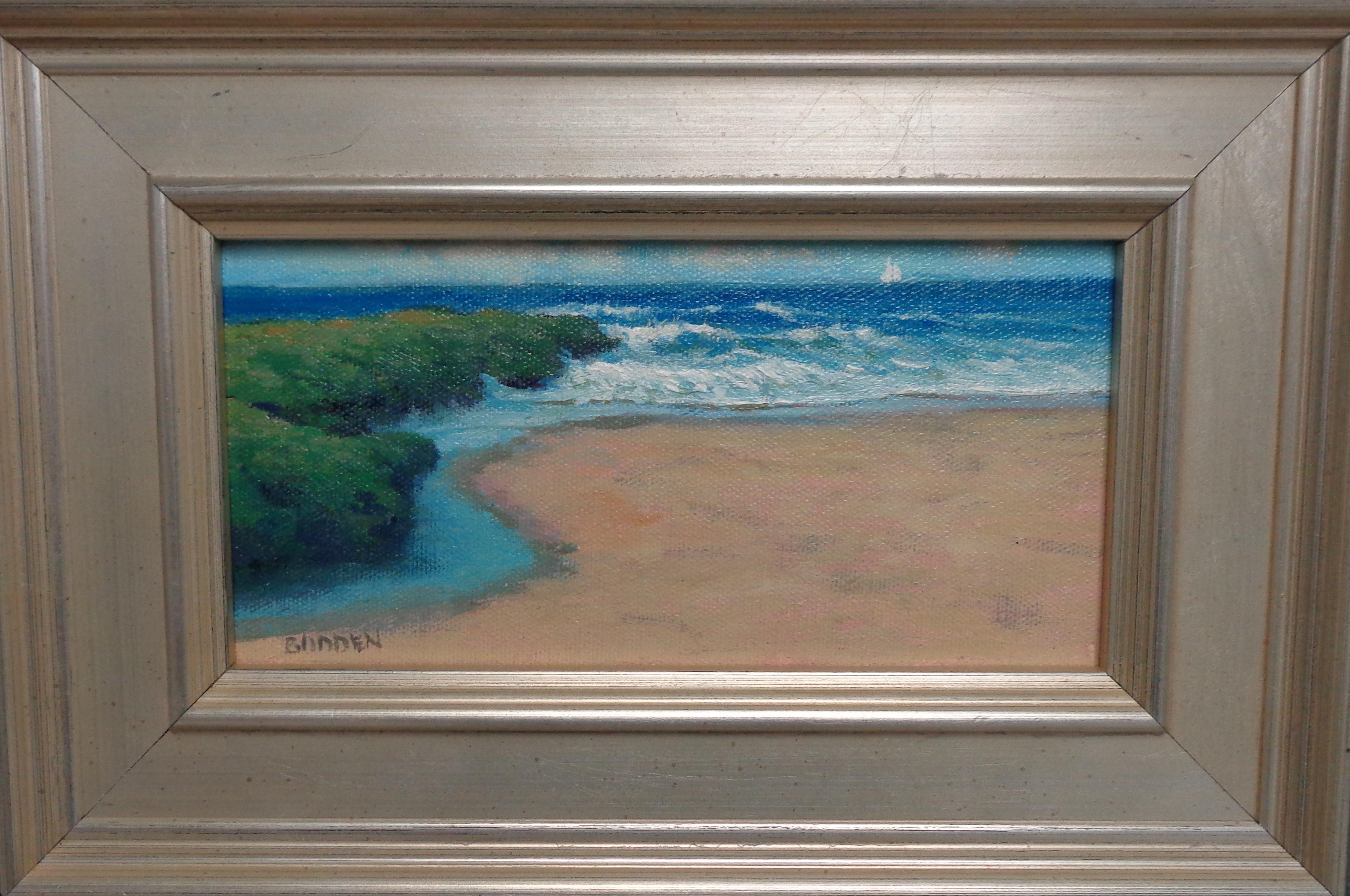 Off the Coast Seascape Study is an oil painting on canvas panel by award winning contemporary artist Michael Budden that showcases a beautiful beach scene created in an impressionistic realism style. The image measures 4 x 7.88 unframed and 7.63 x