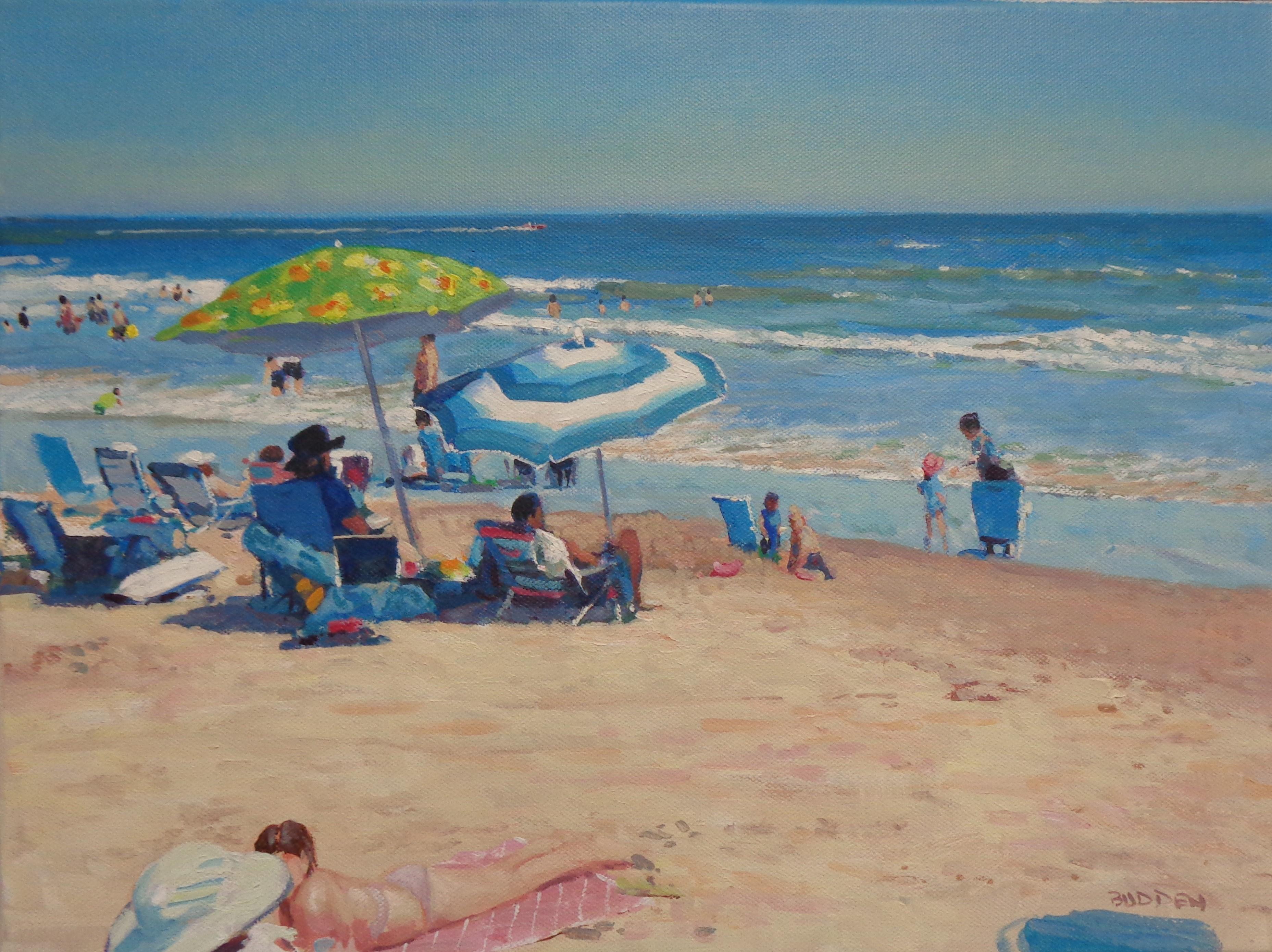 Playa Océano Paisaje marino impresionista Pintura al óleo Michael Budden Día de playa en venta 3