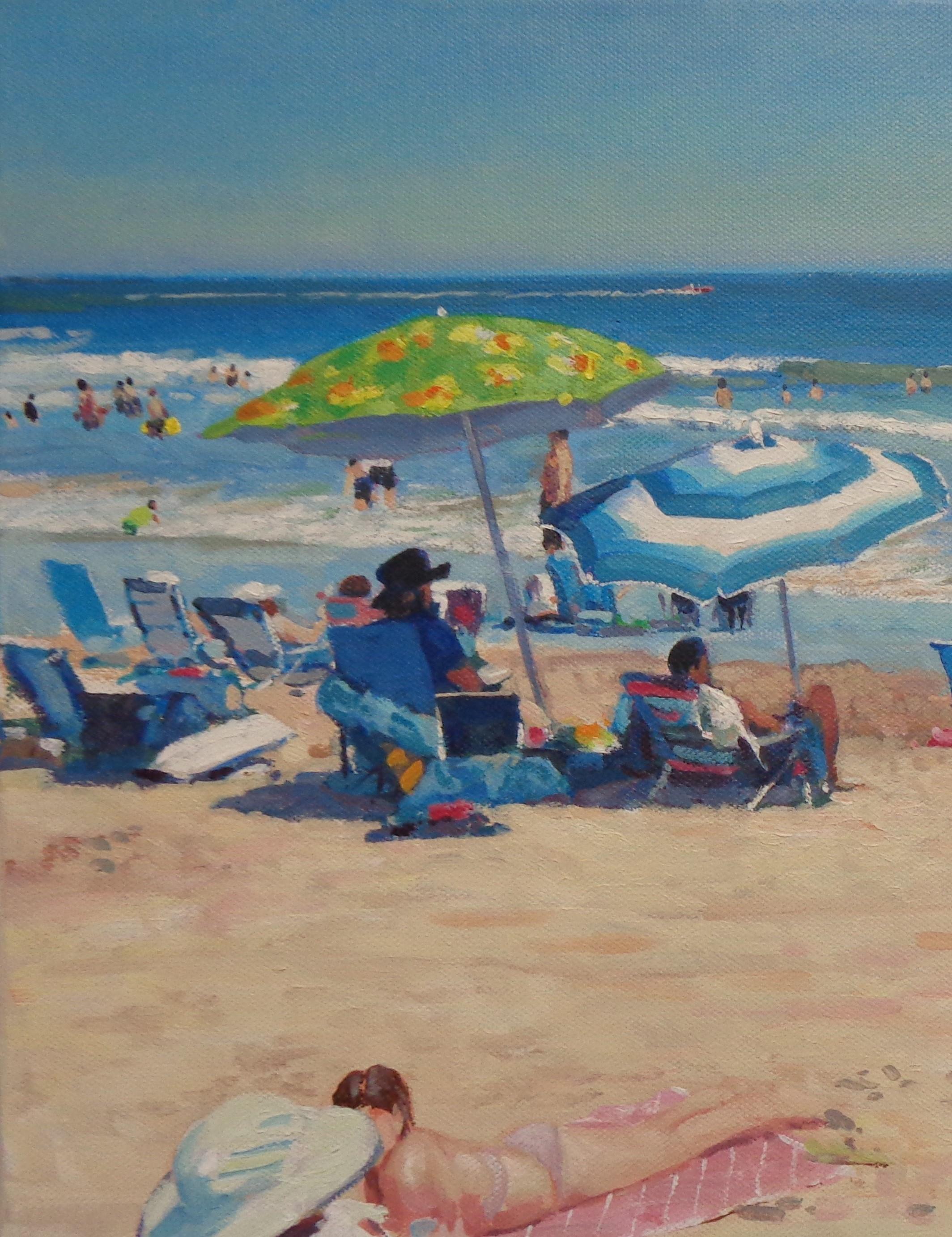 Playa Océano Paisaje marino impresionista Pintura al óleo Michael Budden Día de playa en venta 4