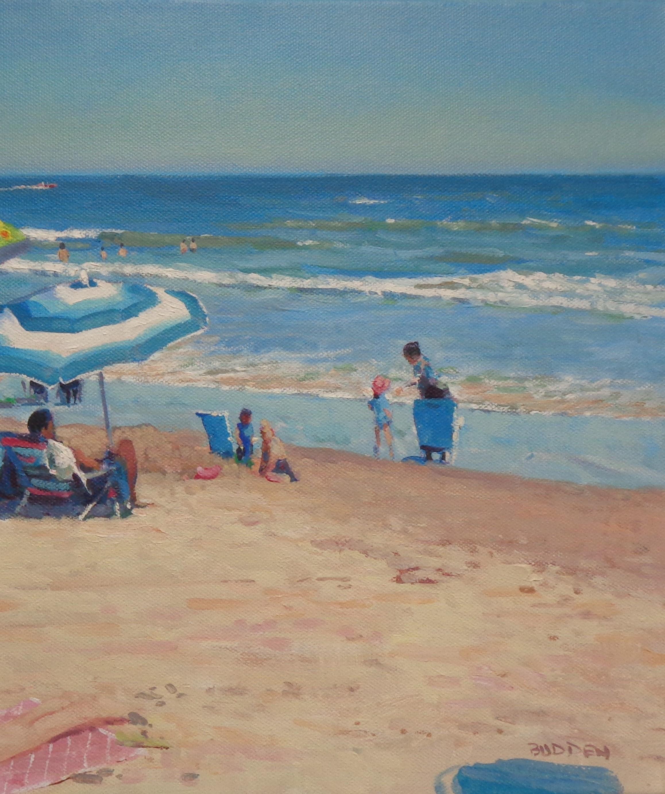 Playa Océano Paisaje marino impresionista Pintura al óleo Michael Budden Día de playa en venta 5