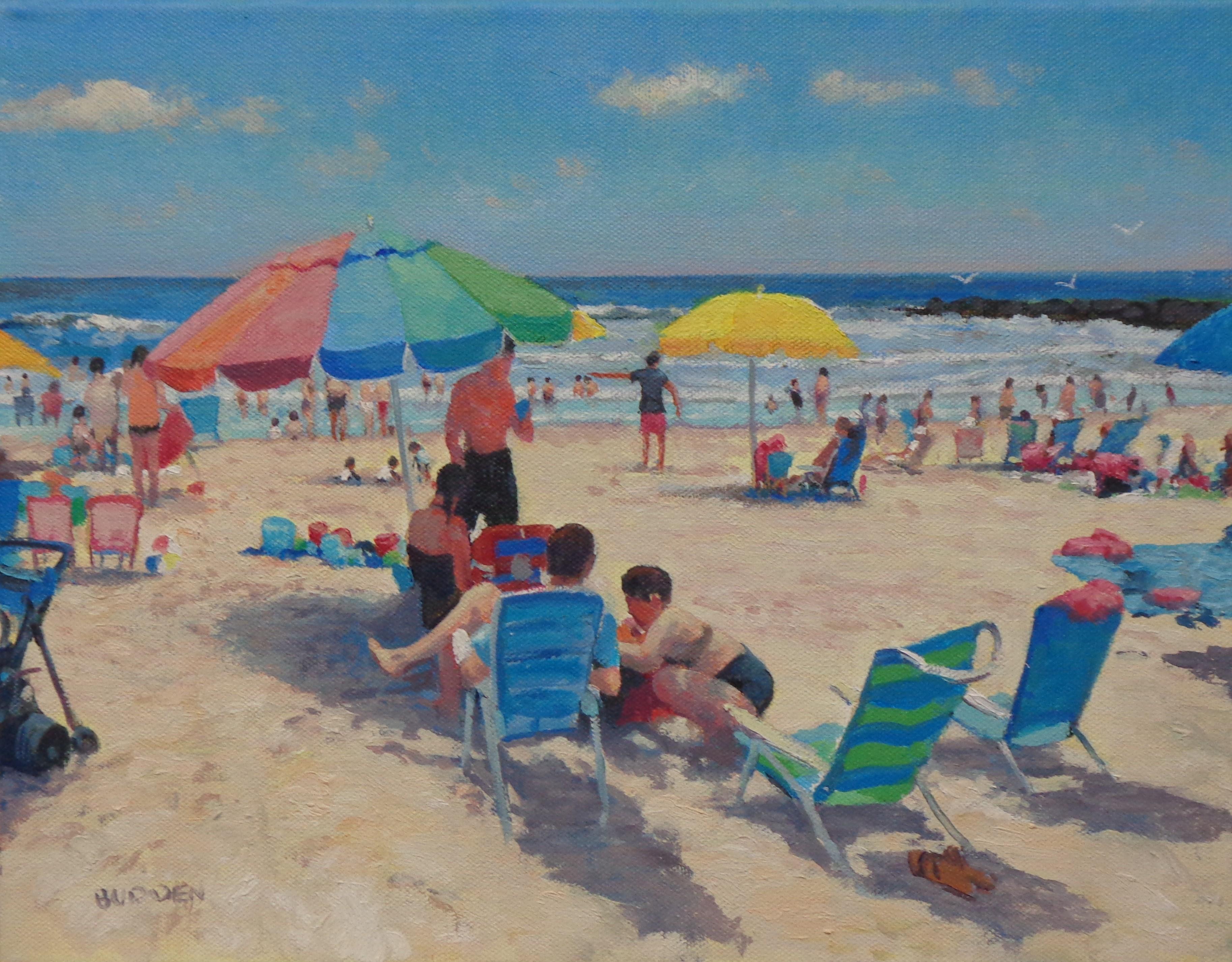 Spiaggia Oceano Impressionista Paesaggio marino Pittura ad olio Michael Budden Beach Day II in vendita 1