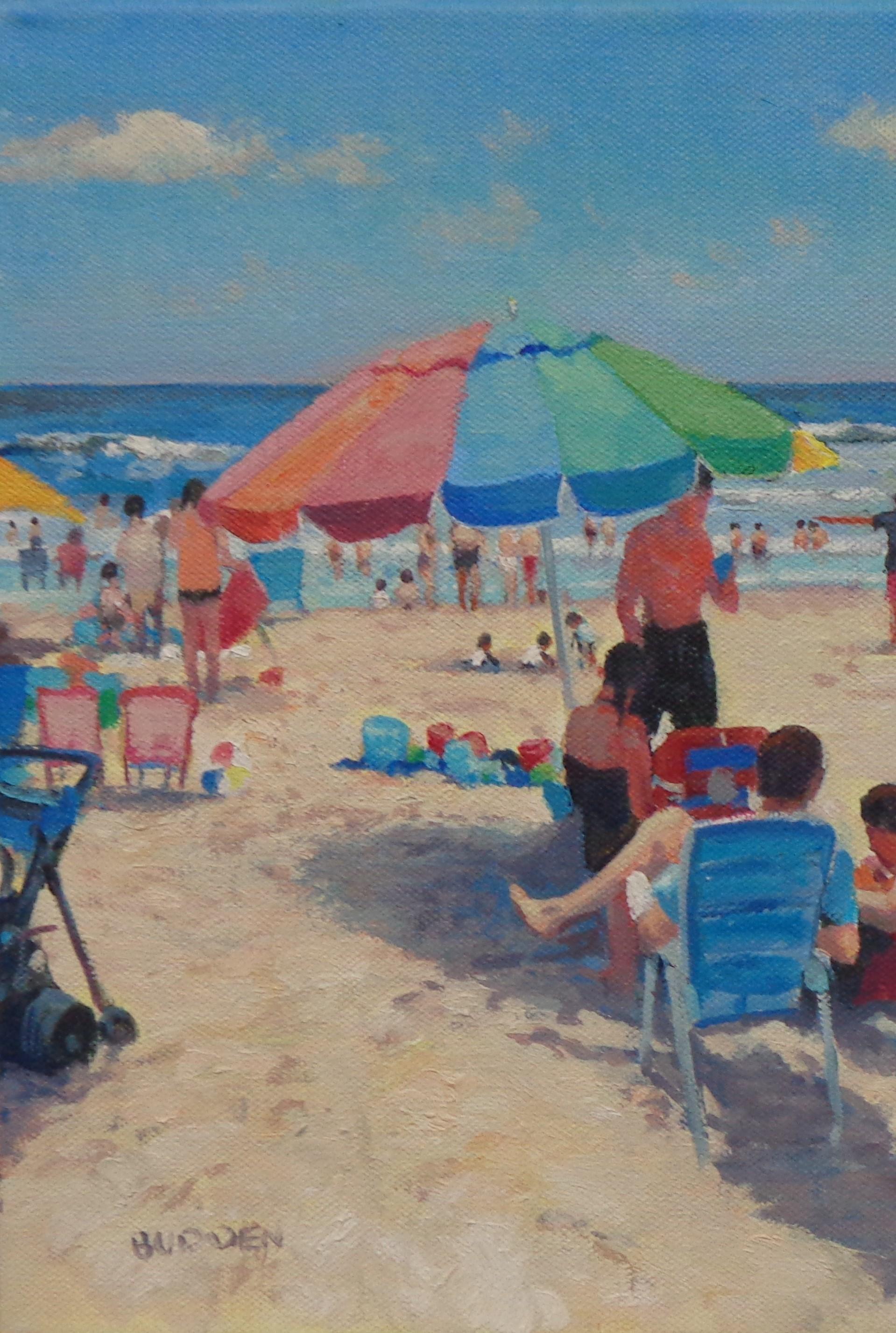 Spiaggia Oceano Impressionista Paesaggio marino Pittura ad olio Michael Budden Beach Day II in vendita 2