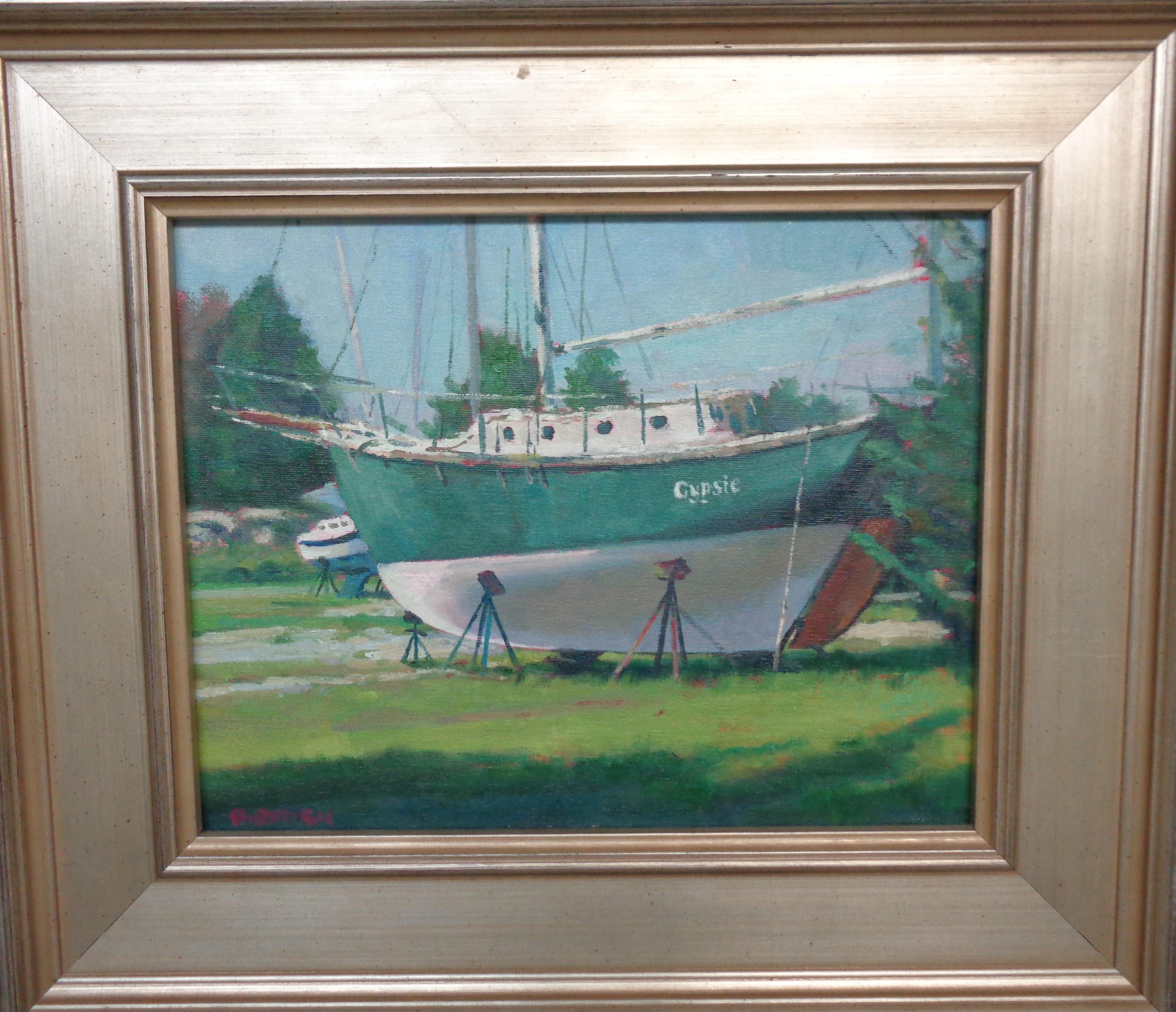 Gypsie is an oil painting on canvas by award winning contemporary artist Michael Budden that showcases a beautiful boat named Gypsie from the shore, This painting won First Place in the 2017 Cumberland County Plein Air Paint Out Competition. This