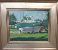 Peinture à l'huile impressionniste de paysage marin de plage et d'océan - Michael Budden Boat Gypsie