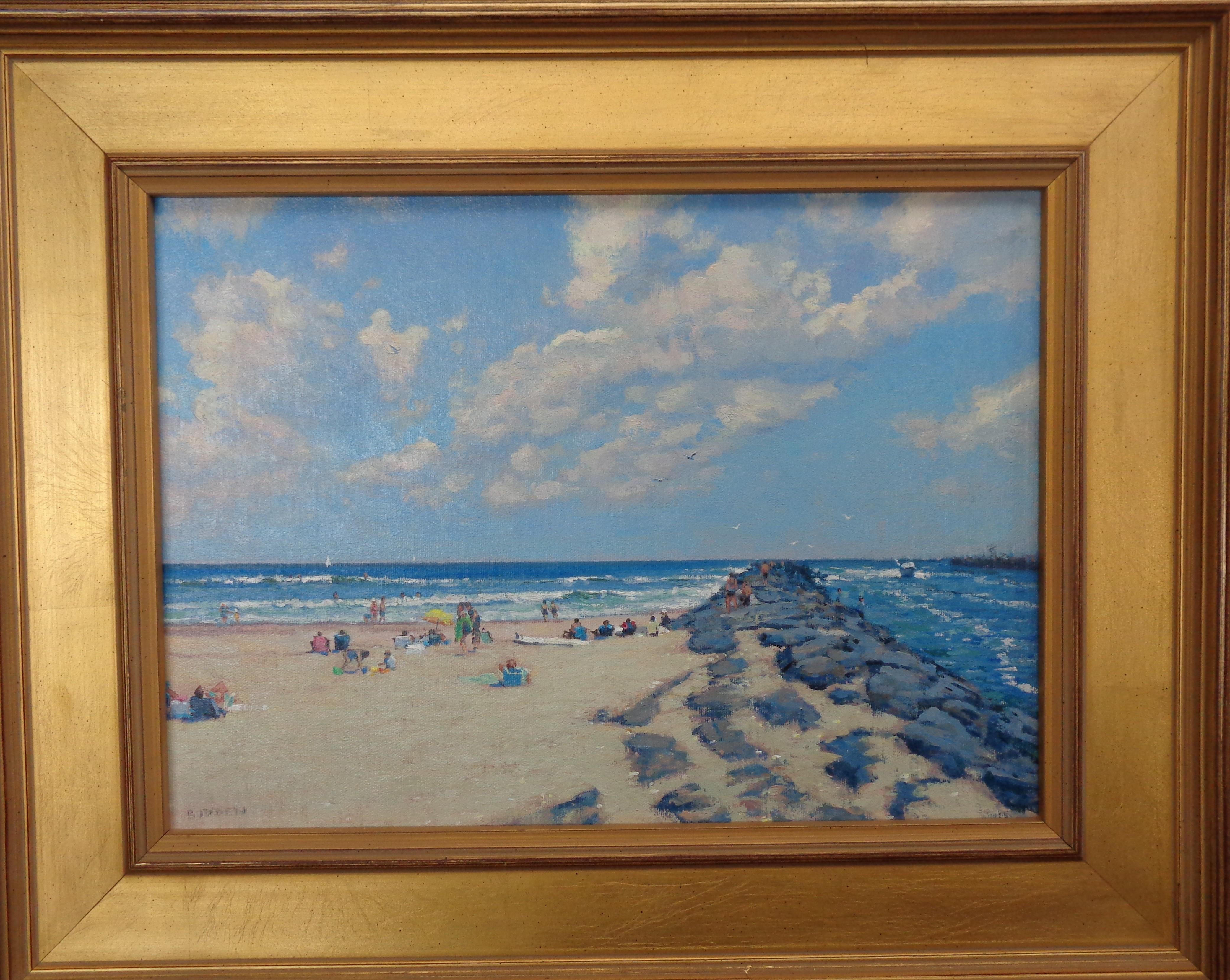 Jersey Shore Manasquan Inlet is an oil painting on canvas by award winning contemporary artist Michael Budden that showcases a beautiful beach day at the Jersey Shore. This painting is in good condition but the frame shows some wear as it is older.