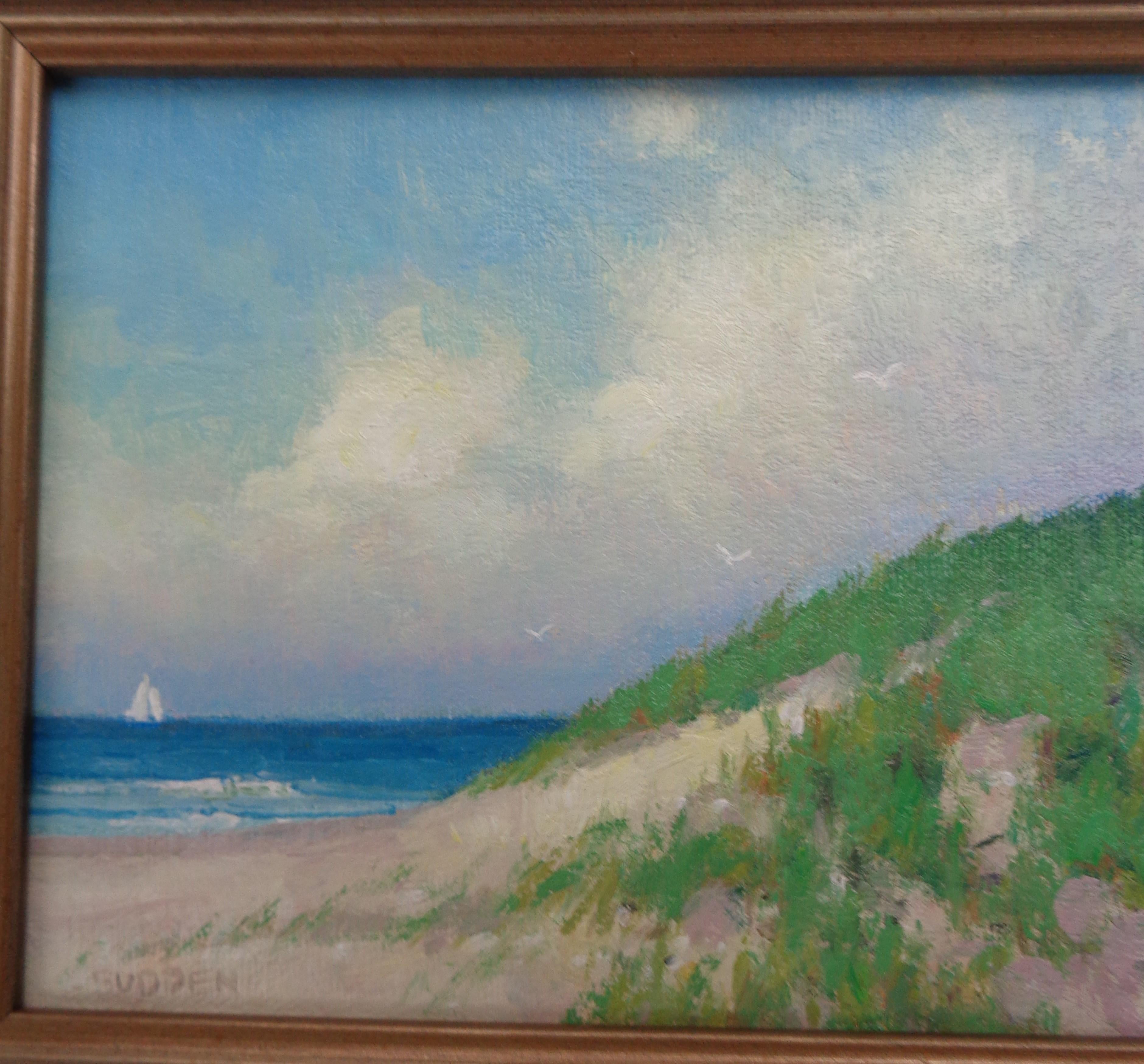 Playa y océano Paisaje marino impresionista Pintura al óleo Michael Budden Cielo de verano en venta 2