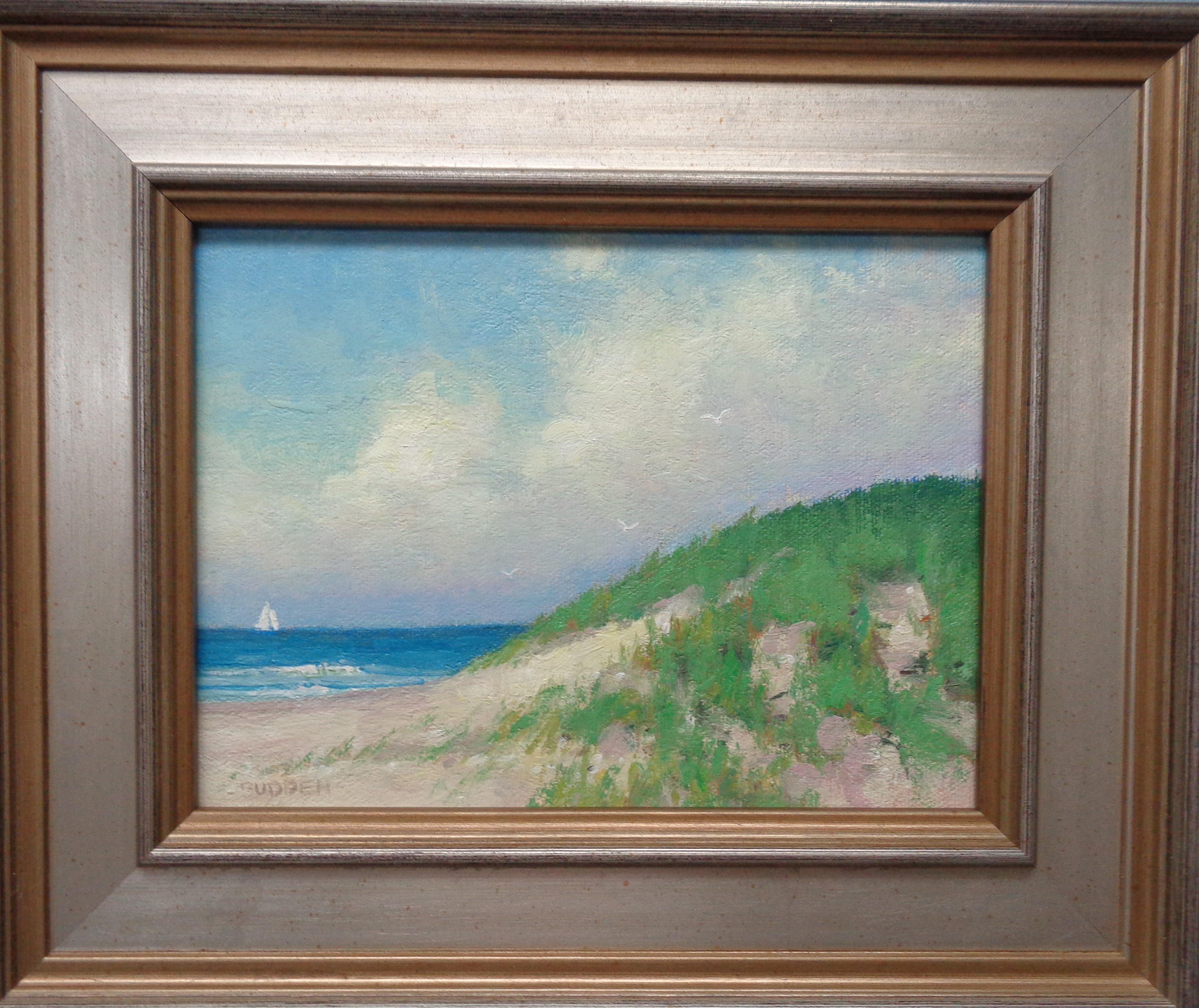 Summer Sky
oil/panel
6 x 8 unframed, 9.5 x 11.5 framed
Summer Sky is an oil painting on canvas by award winning contemporary artist Michael Budden that showcases a beautiful day at the beach. The sun is out as the morning clouds have burned off as