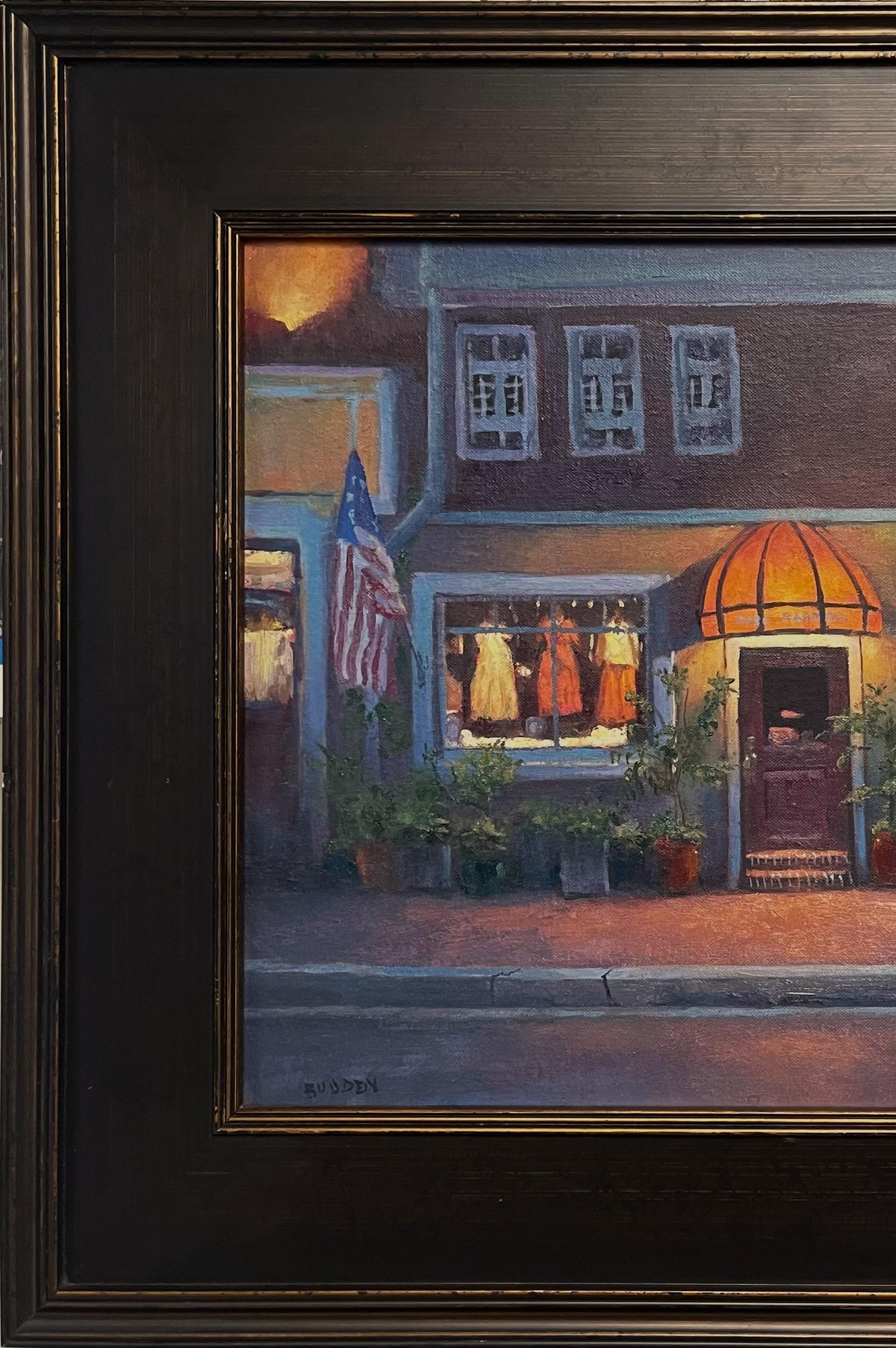 Paisaje urbano impresionista Nocturno Pintura al óleo Michael Budden Banderas americanas en venta 1