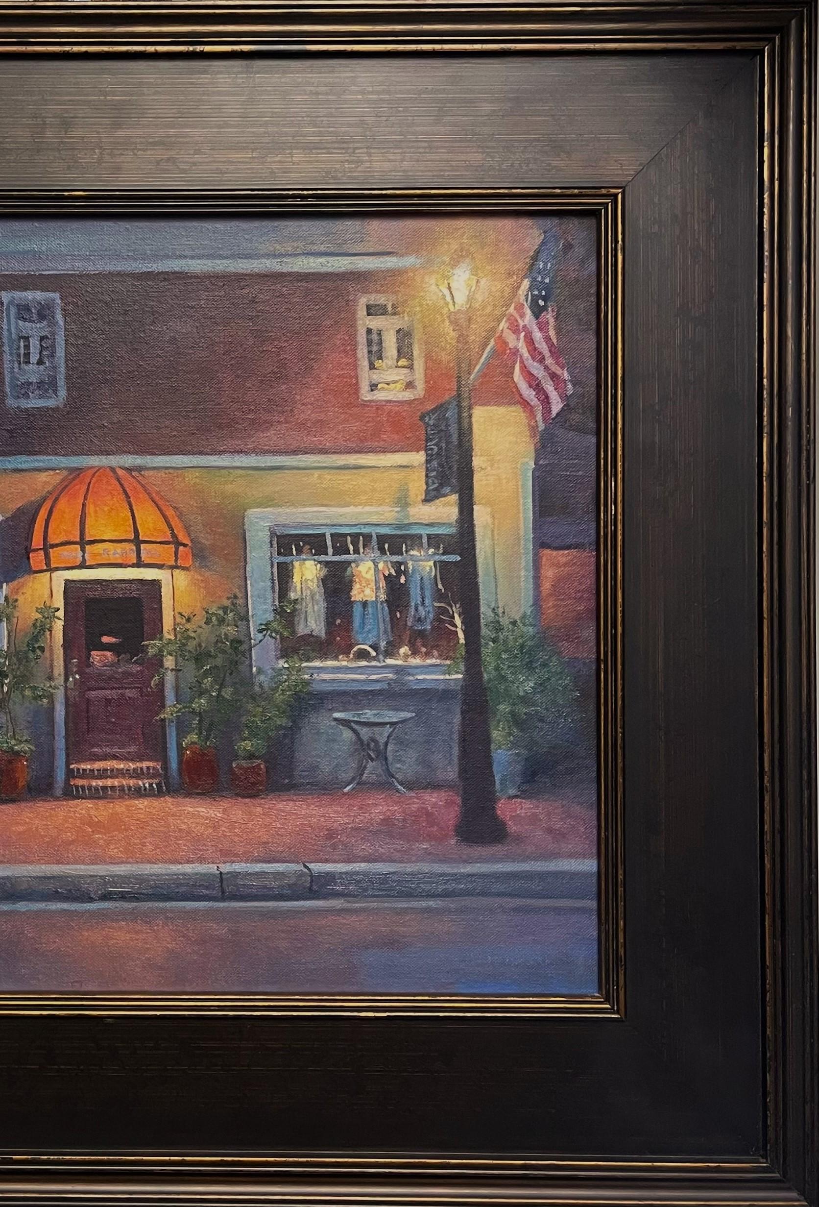 Paisaje urbano impresionista Nocturno Pintura al óleo Michael Budden Banderas americanas en venta 2
