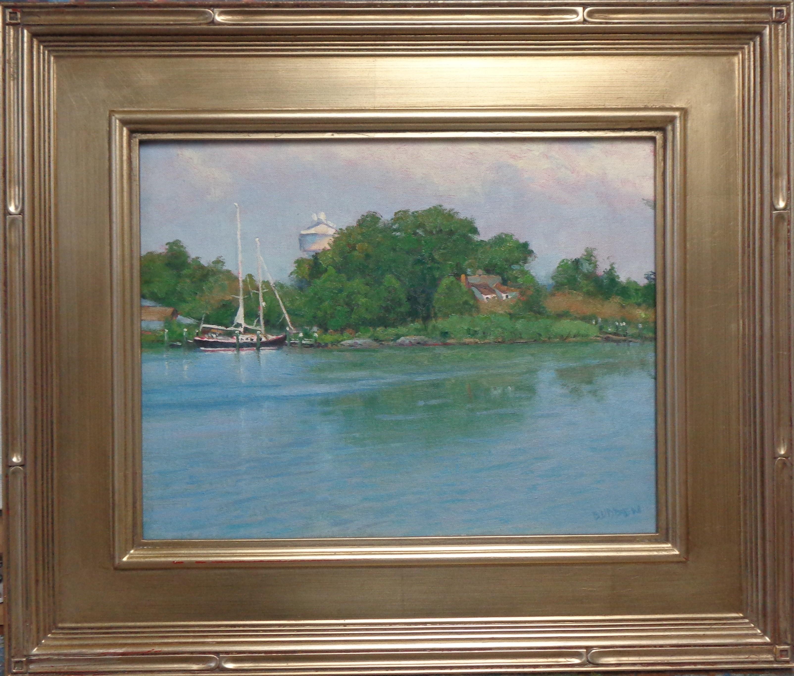 Oxford Light es un óleo sobre tabla del galardonado artista contemporáneo Michael Budden que muestra una escena marina bellamente iluminada, creada en un estilo realista impresionista y pintada en Oxford, Maryland. La imagen mide 11 x 14 sin