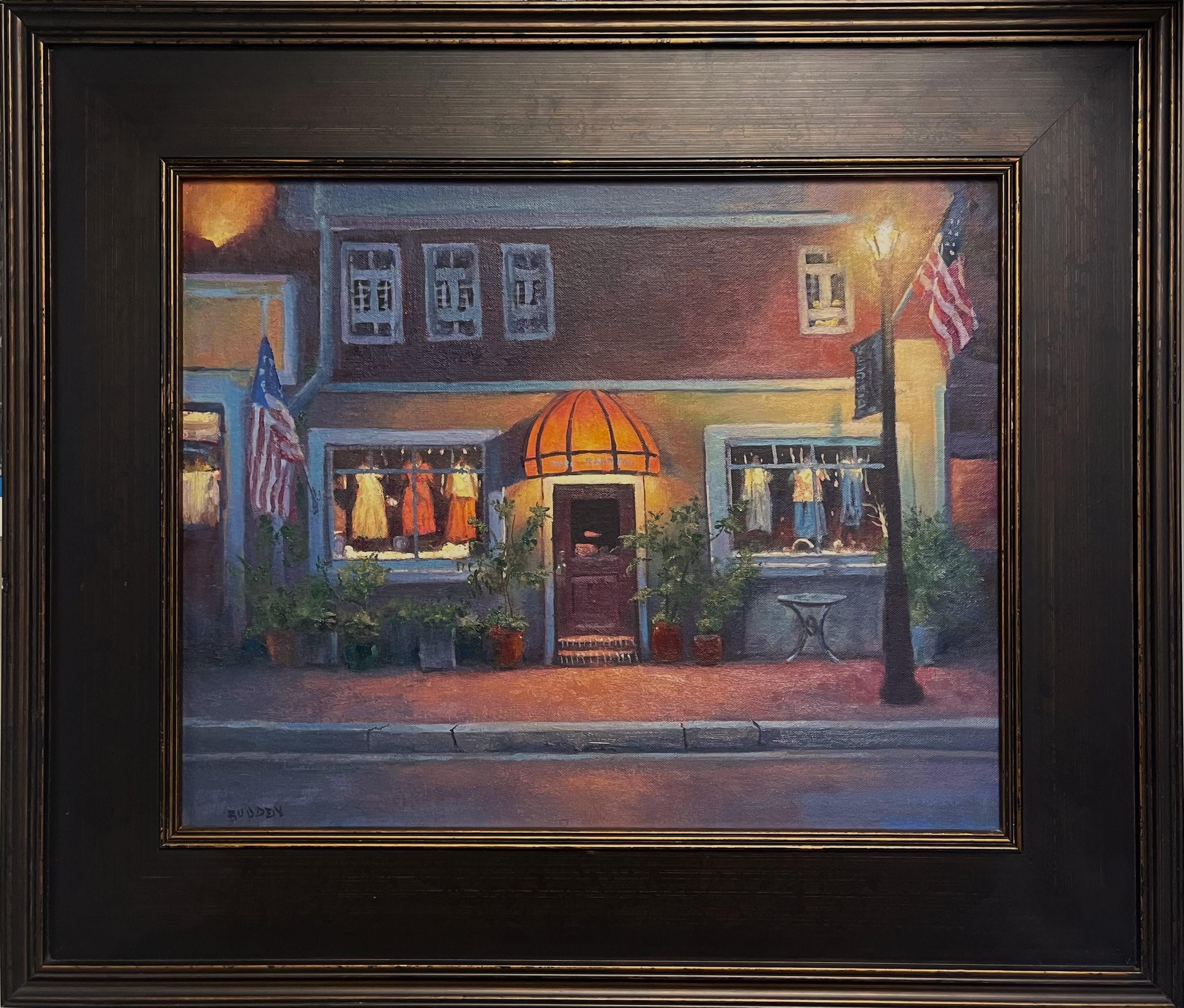 Atardecer en Dover Street es un óleo sobre tabla del galardonado artista contemporáneo Michael Budden que muestra una escena nocturna bellamente iluminada, creada en un estilo realista impresionista y pintada en Easton, Maryland.  Me atrajo mucho la