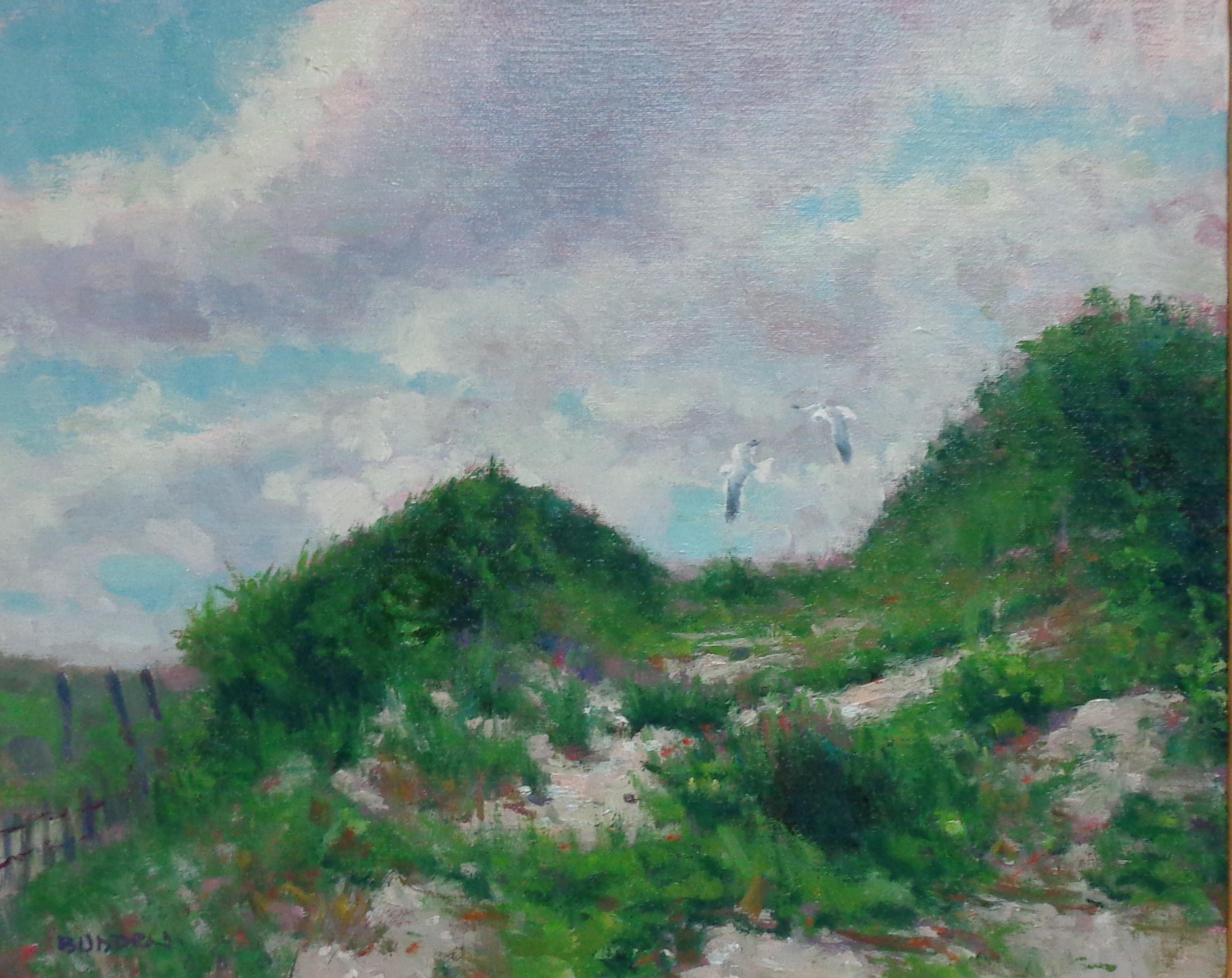 Impressionistische Meereslandschaft, Ölgemälde mit Dünen von Michael Budden, Strand & Ozean im Angebot 1
