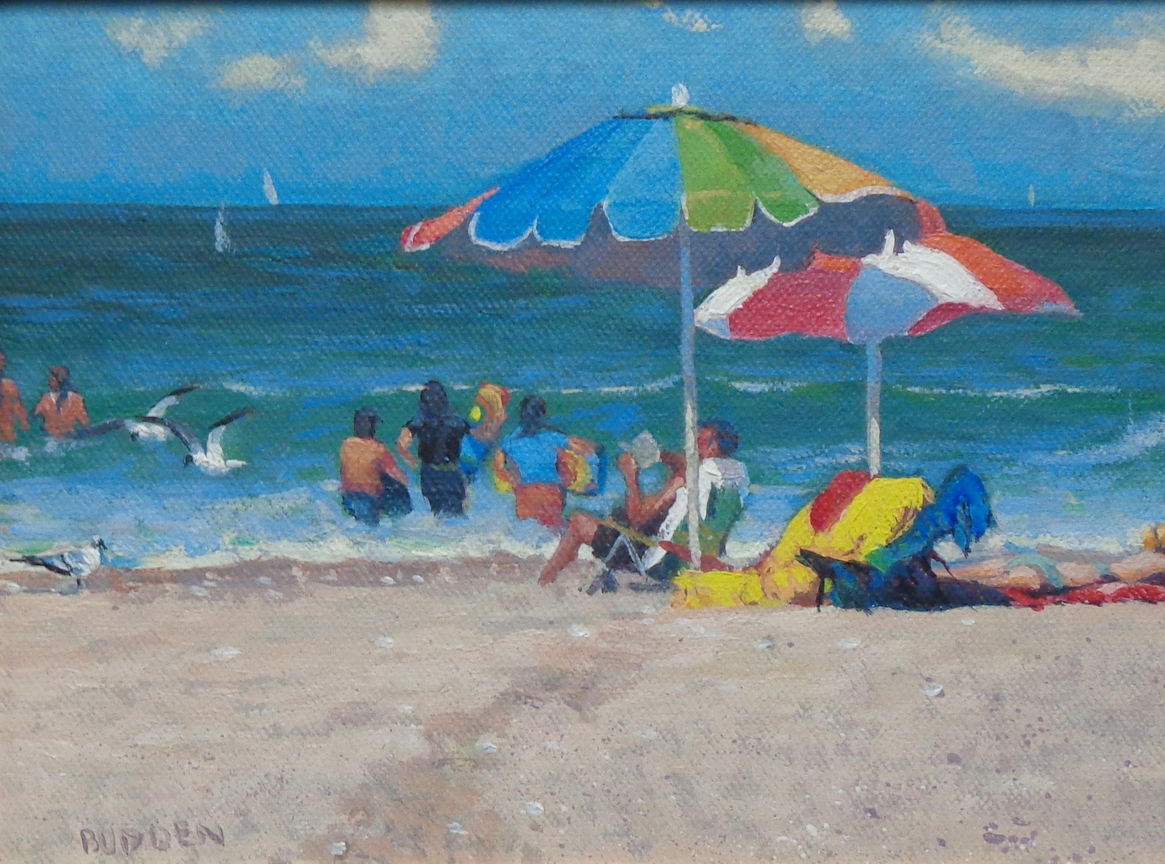 Beach Day I Study is an oil painting on canvas panel by award winning contemporary artist Michael Budden that showcases a beautiful day at the beach and sailboats on the horizon housed in an gold frame.  This painting is new and the image measures 6