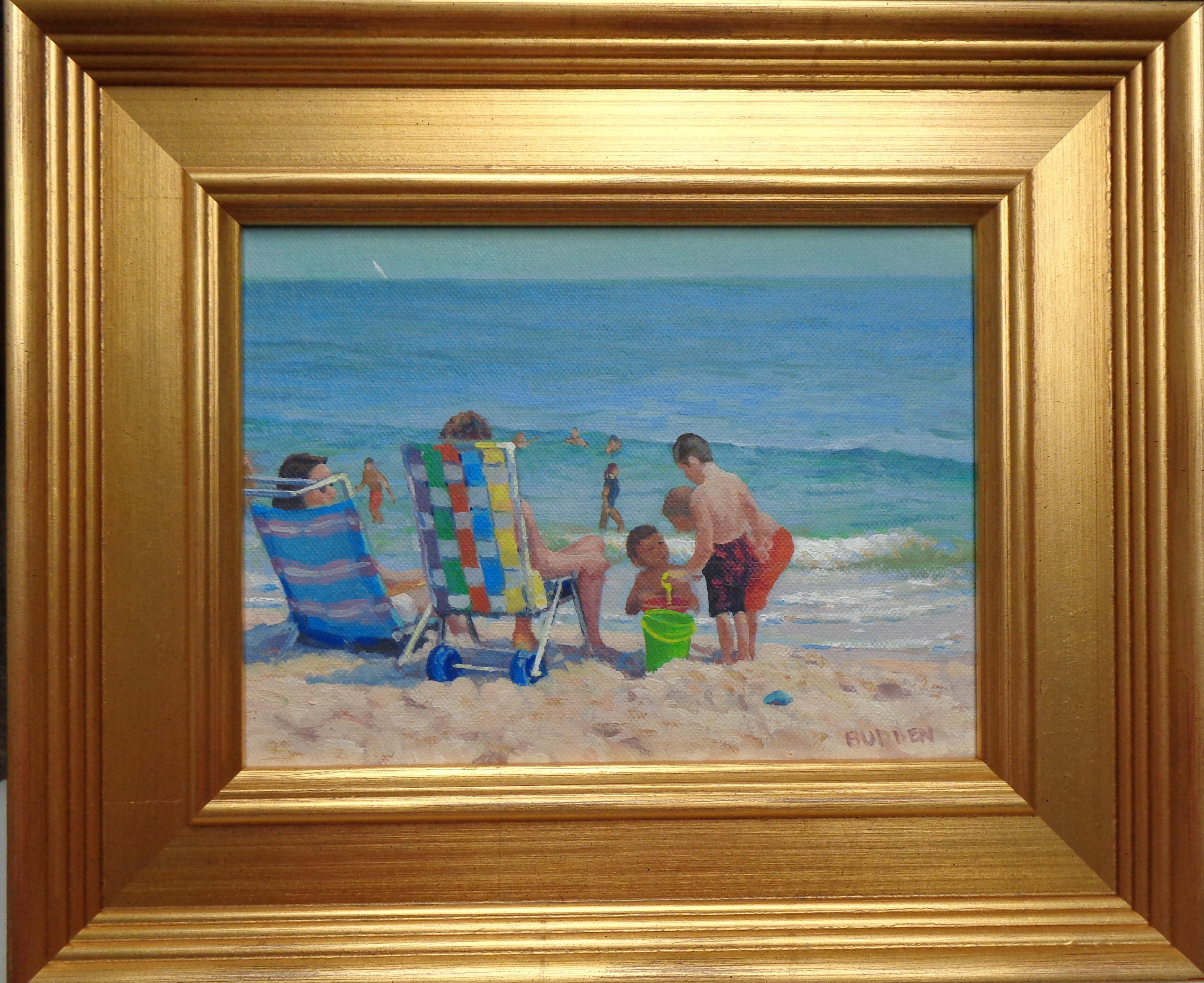 Beach Day I Study is an oil painting on canvas panel by award winning contemporary artist Michael Budden that showcases a beautiful day at the beach and sailboats on the horizon housed in an gold frame.  This painting is new and the image measures 6