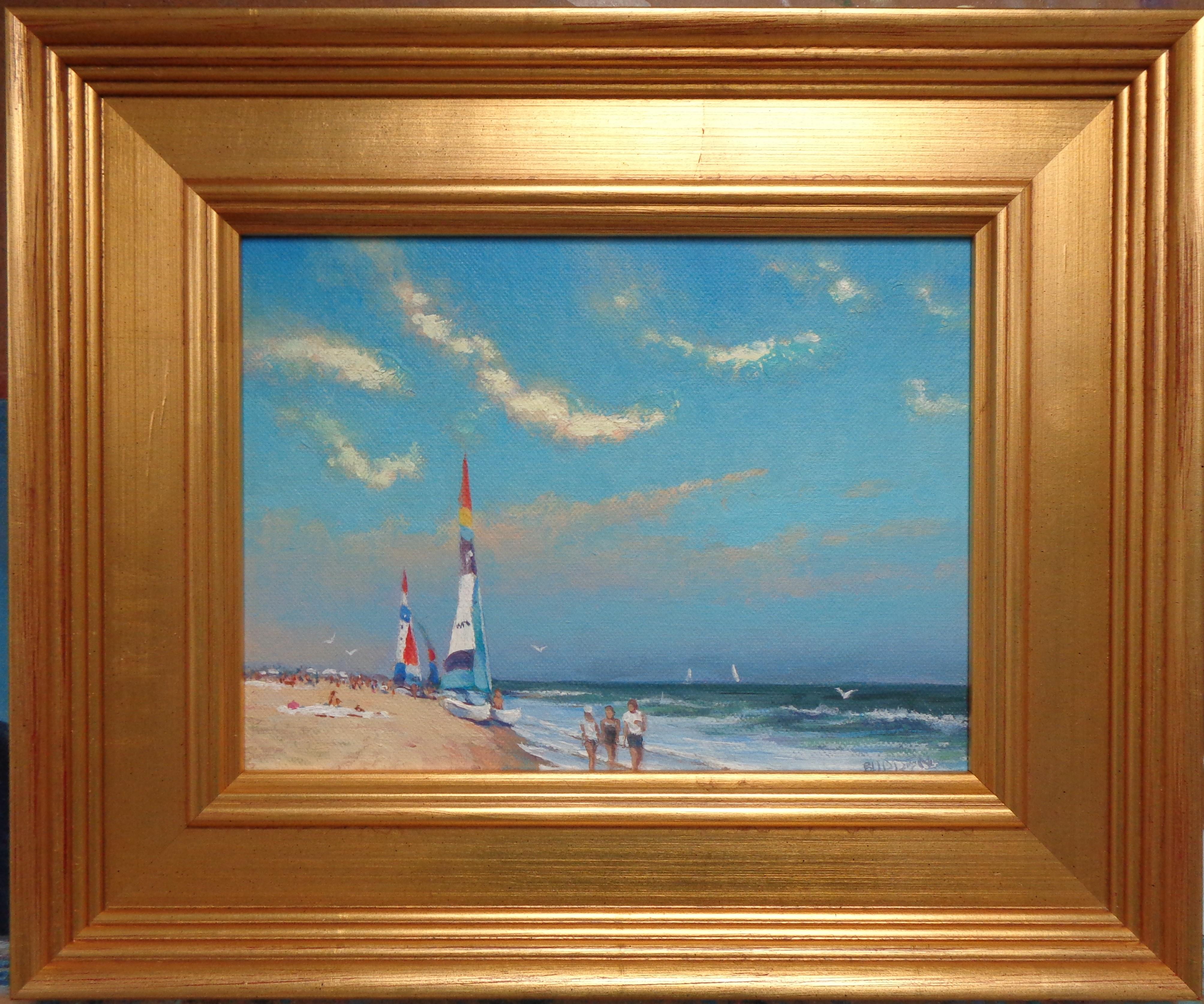 Beach Day III Study is an oil painting on canvas panel by award winning contemporary artist Michael Budden that showcases a beautiful day at the beach and sailboats on the horizon housed in an gold frame.  This painting is new and the image measures