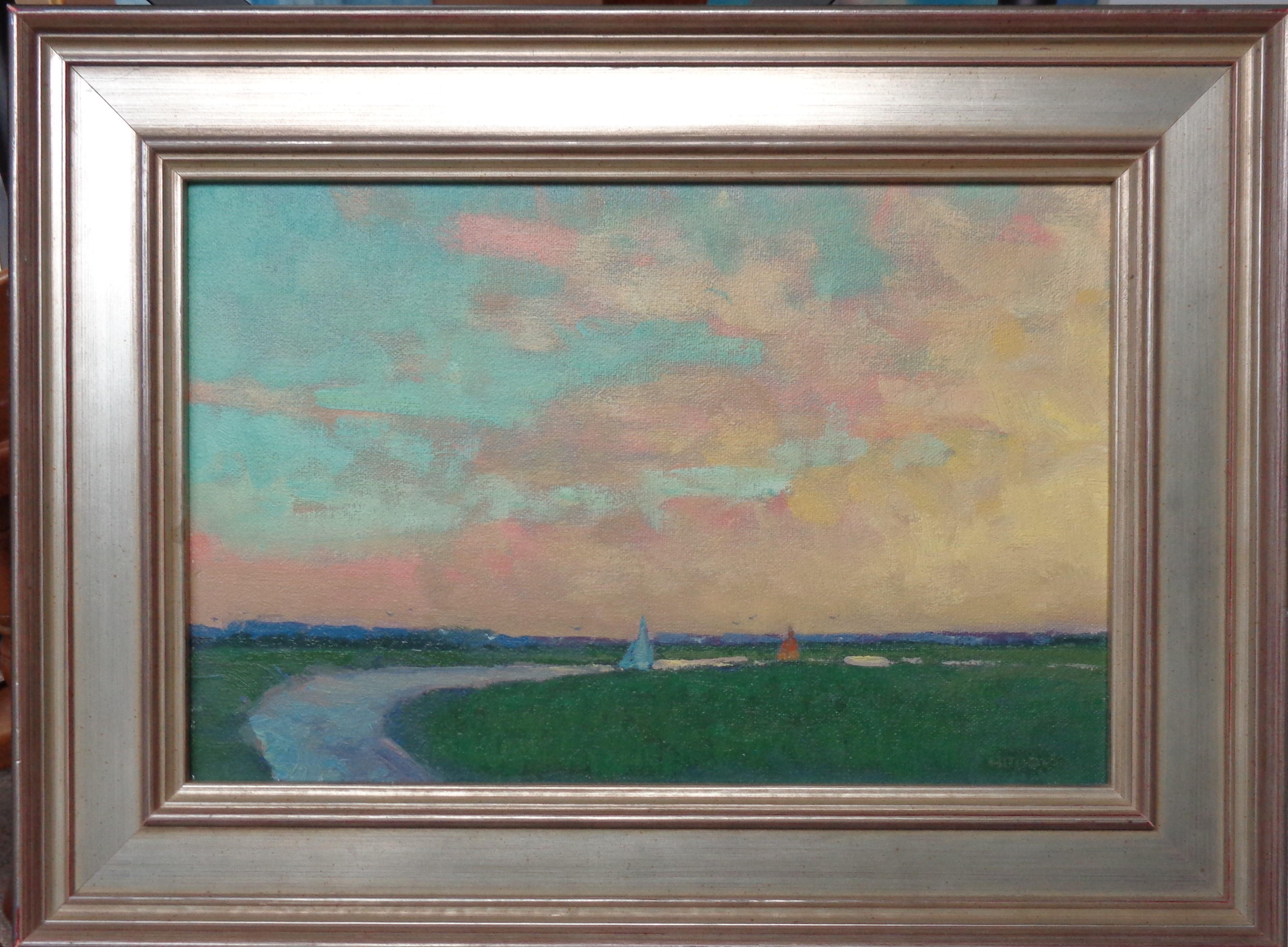 Evening Journey is a beautiful  oil painting on panel by award winning contemporary artist Michael Budden that showcases a evening sky over the marsh with some sail boats en route as well as birds.. The image measures 8 x 12 unframed. I listed this