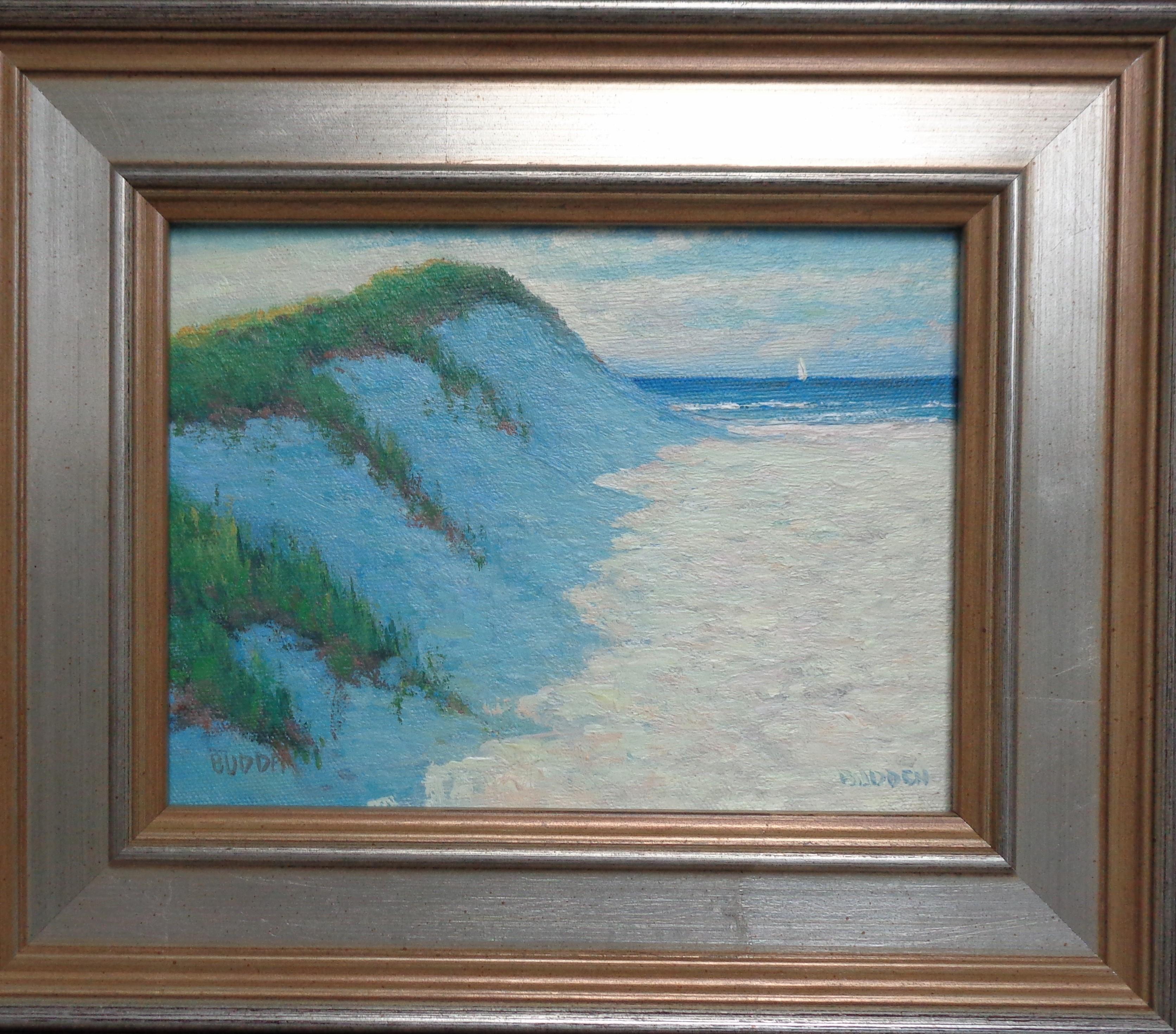 High Dunes Study is an oil painting on canvas panel by award winning contemporary artist Michael Budden that showcases a beautiful view of the ocean with a sailboat off the coast alongside high dunes.  This painting is new and the image measures 6 x