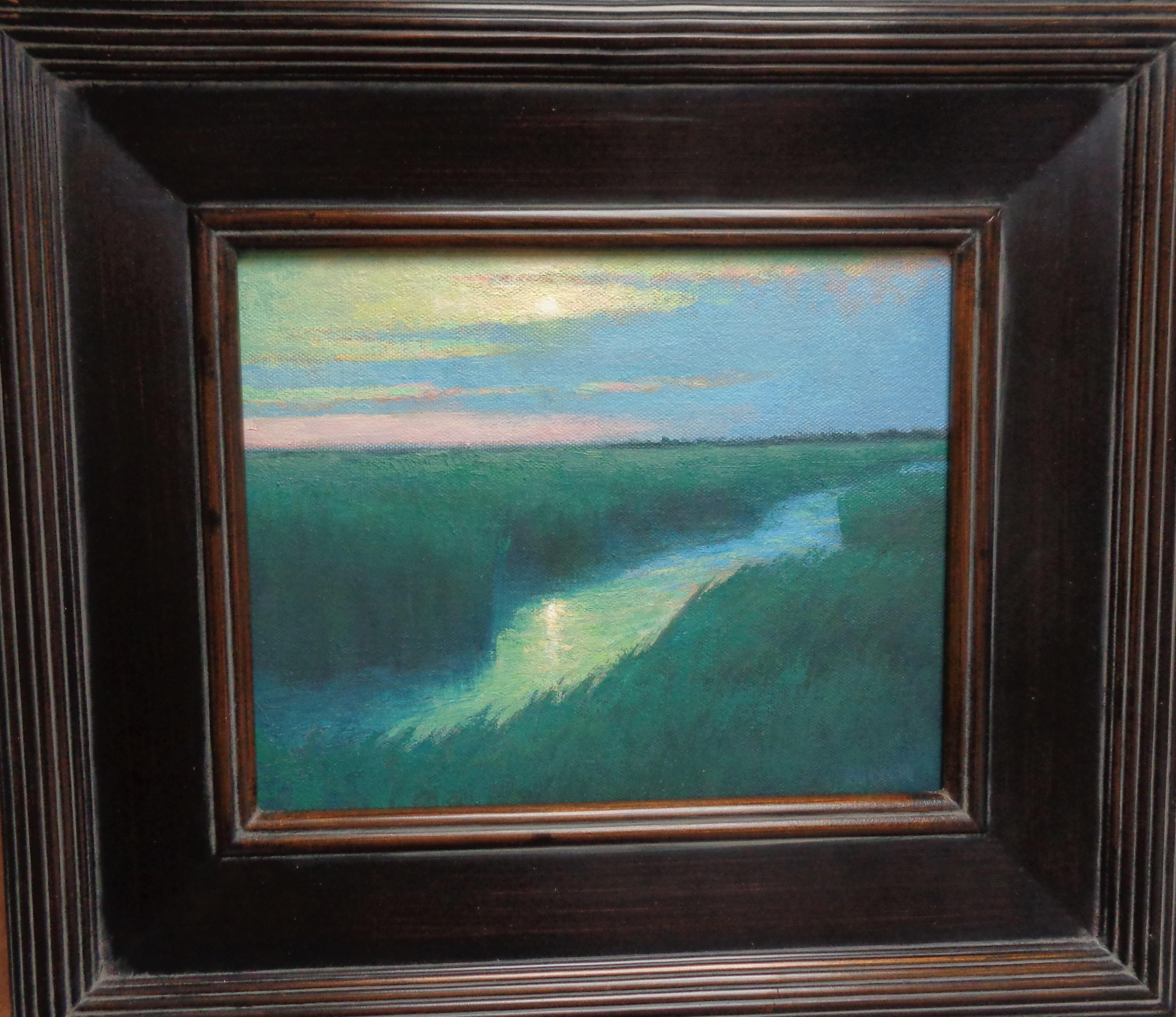 Moonlight Marsh
oil/panel
8 x 10 unframed 13.75 x 15.5 framed, is an oil painting on canvas panel by award winning contemporary artist Michael Budden that showcases a beautiful view of the rising moon over top a gorgeous green marsh. 
ARTIST'S