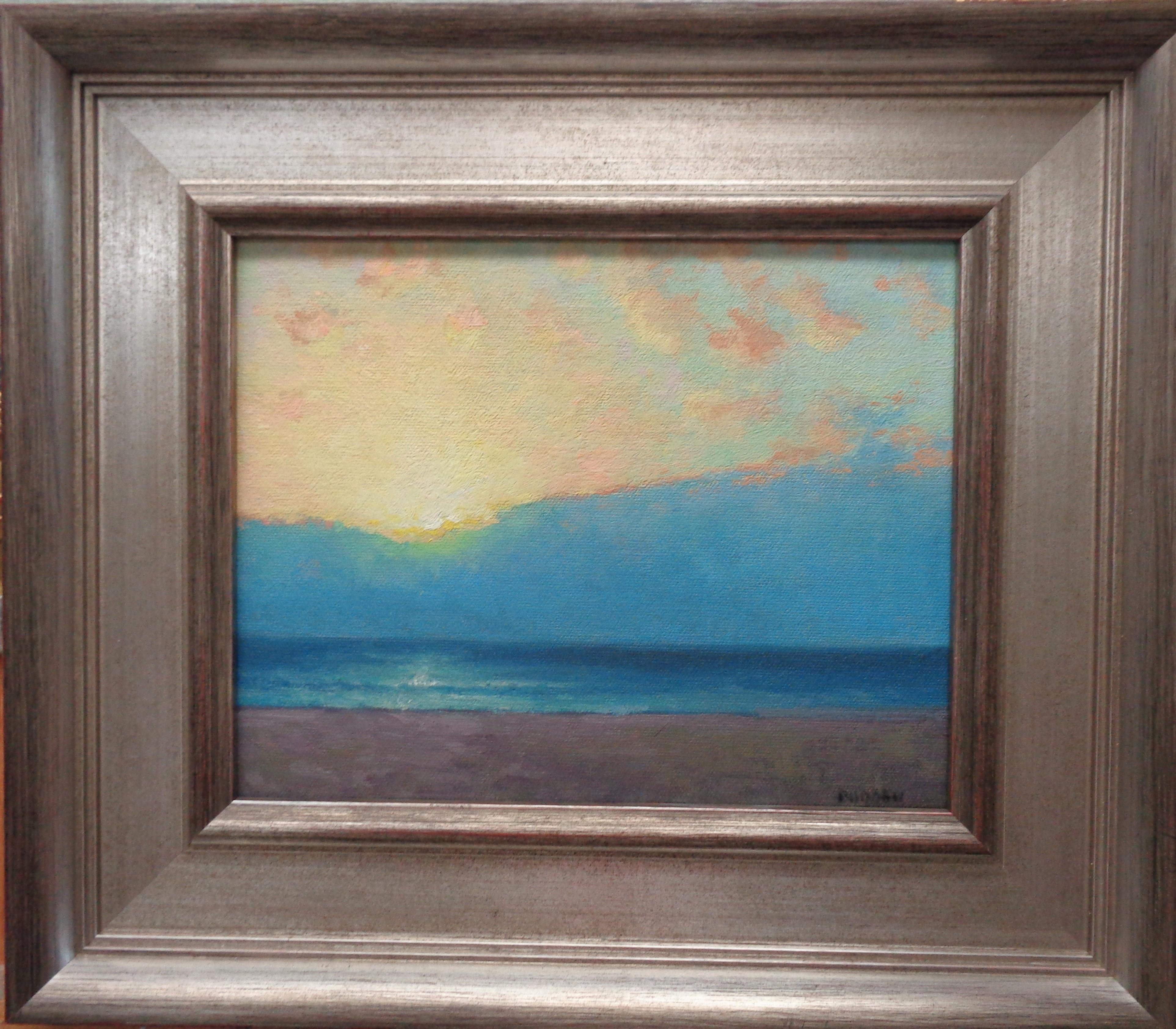 Morning Abstraction is an oil painting on canvas panel by award winning contemporary artist Michael Budden that showcases a beautiful sunrise seascape as the sun peeks over a morning cloud line getting ready to shine its light onto the world. This