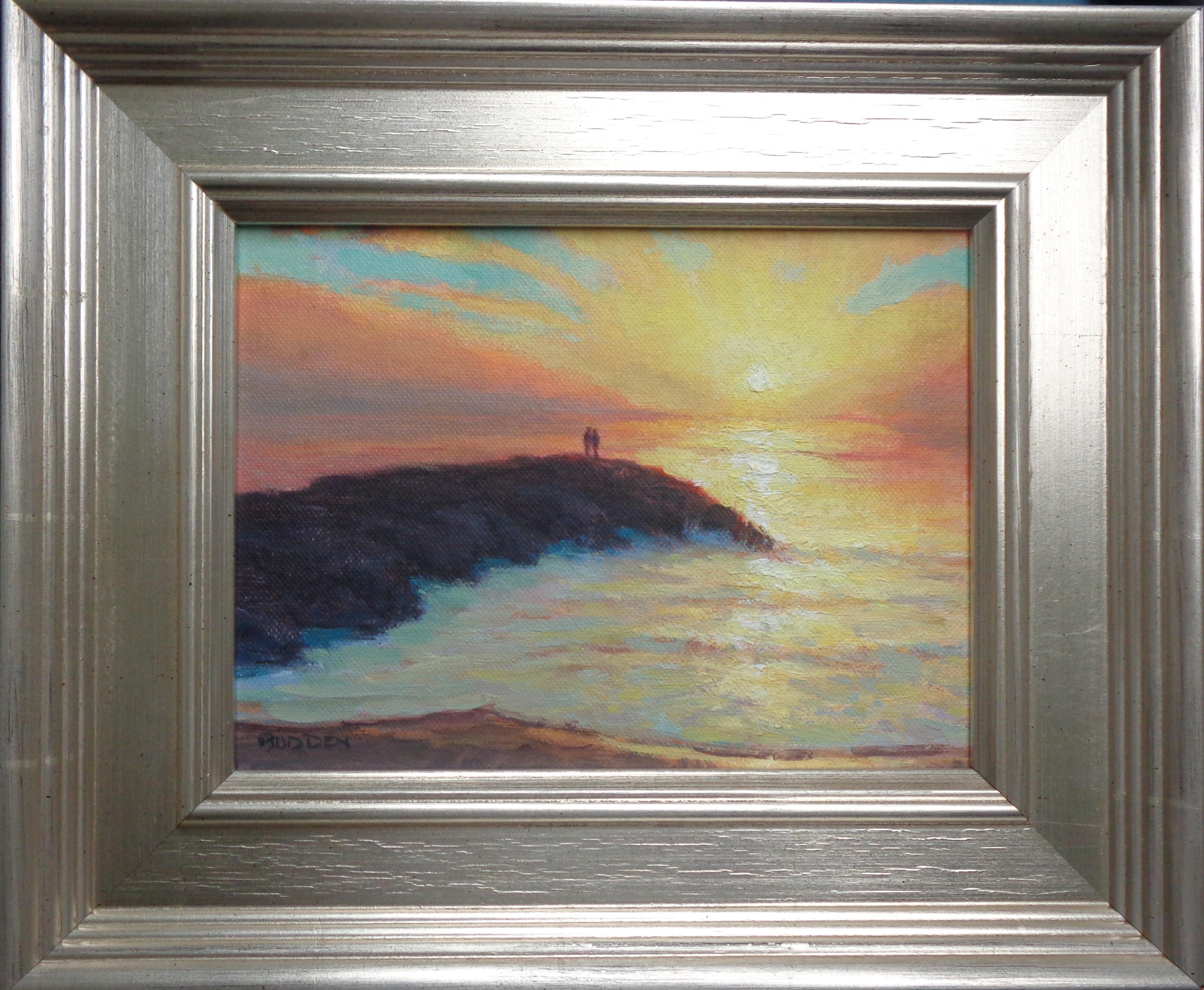 Sunrise Series Study is an oil painting on canvas panel by award winning contemporary artist Michael Budden that showcases a beautiful sunrise view of a seascape housed in an antiqued silver frame.  This painting is new and the image measures 6 x 8