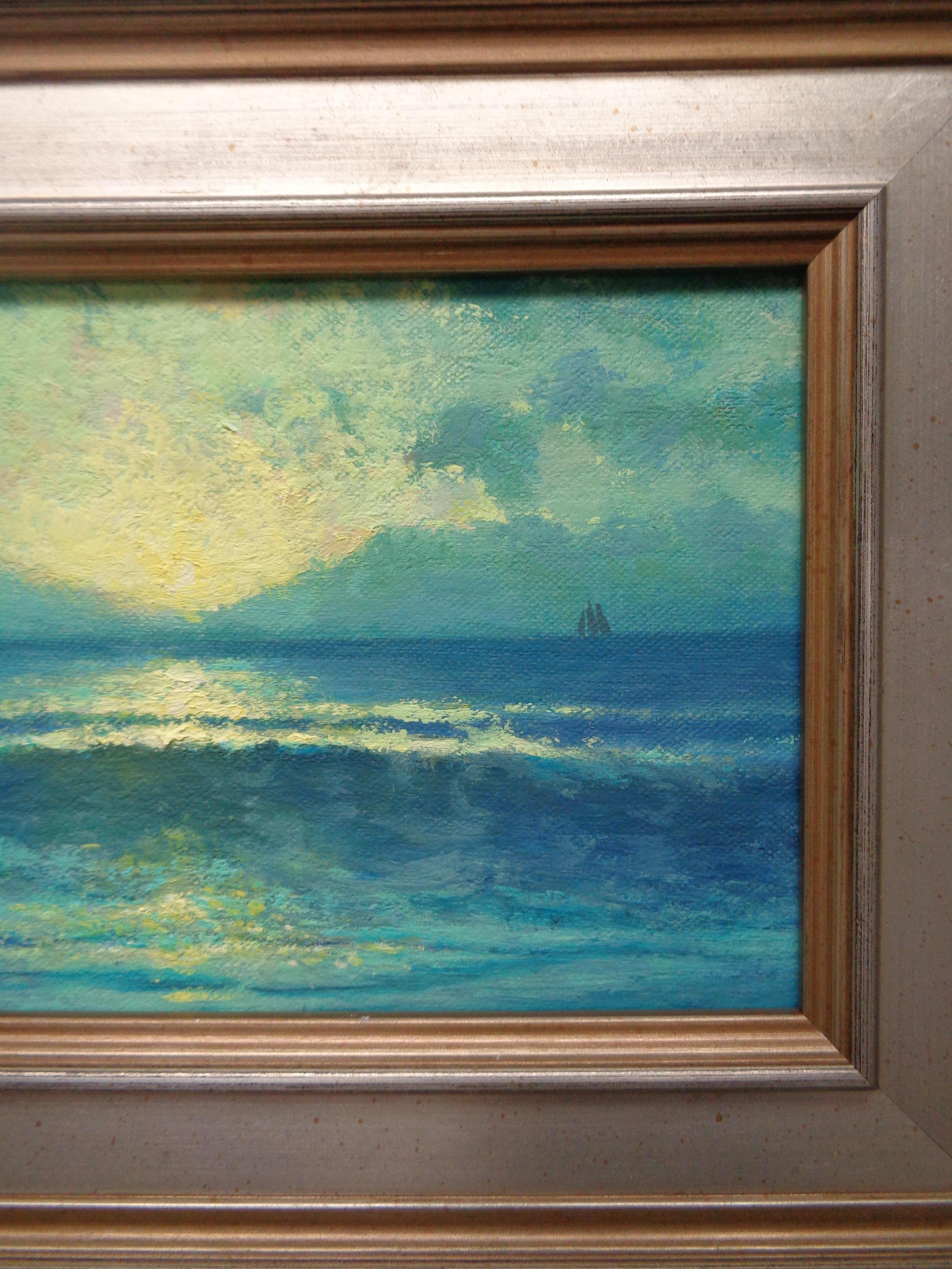 Beach Ocean Moonrise Sail Boat Impressionistic Oil Painting Michael Budden  2