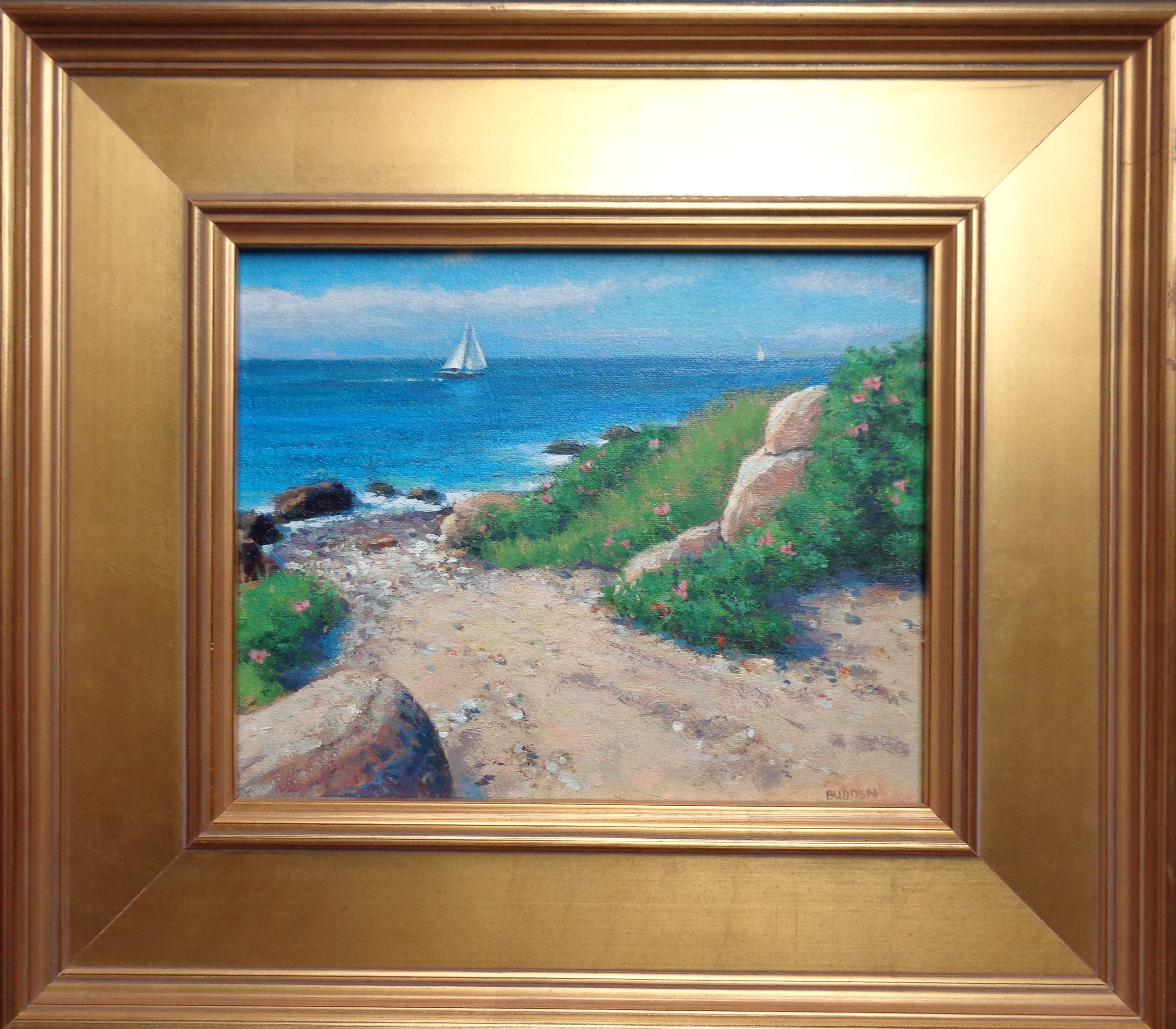 An oil painting on panel by award winning contemporary artist Michael Budden that showcases a beautiful sailing scene off a rocky coast on a gorgeous summer day created in an impressionistic realism style. The image measure 8.25 x 10.25 unframed and