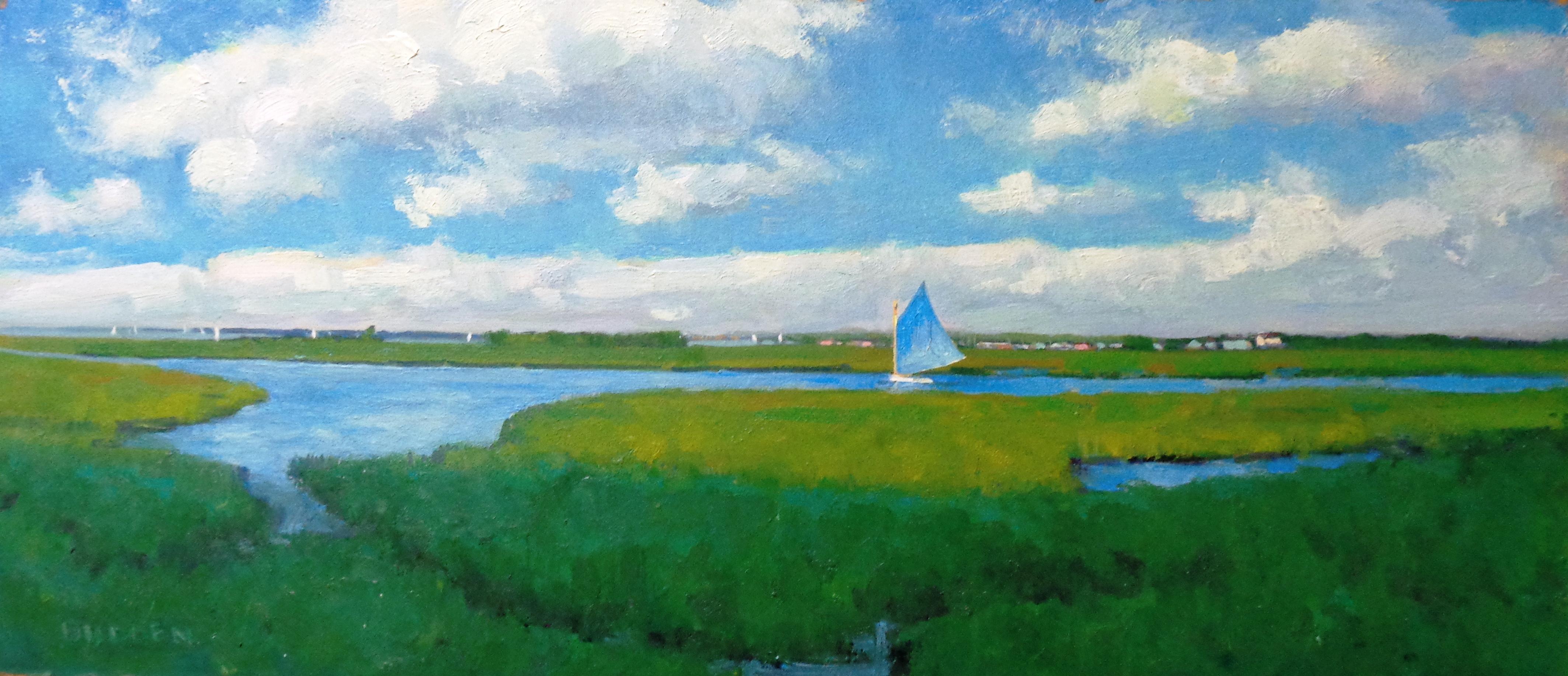 Hermosa luz, un buen día de navegación Cuadro al óleo de Michael Budden Paisaje marino Barco en venta 1