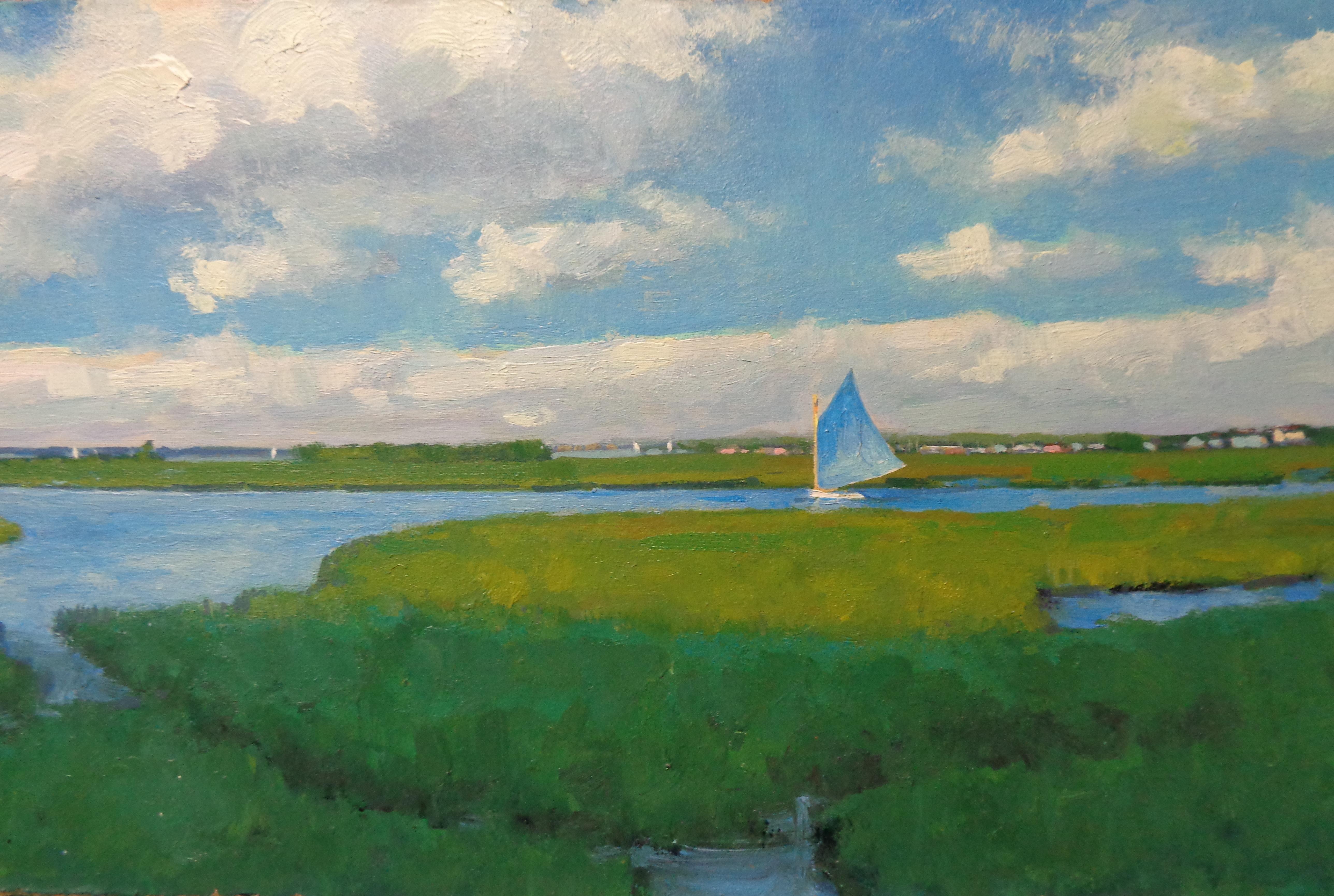 Hermosa luz, un buen día de navegación Cuadro al óleo de Michael Budden Paisaje marino Barco en venta 3