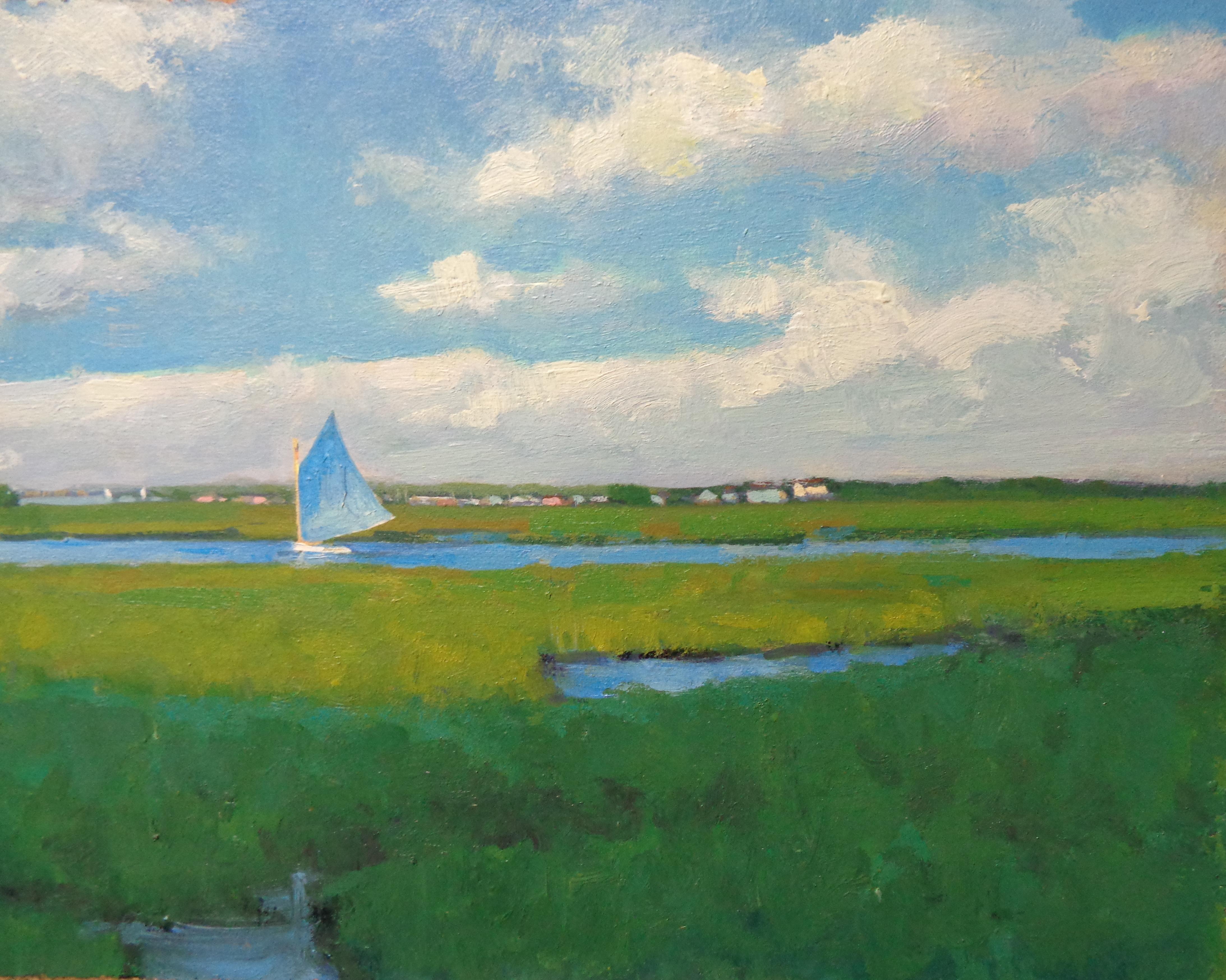 Hermosa luz, un buen día de navegación Cuadro al óleo de Michael Budden Paisaje marino Barco en venta 4