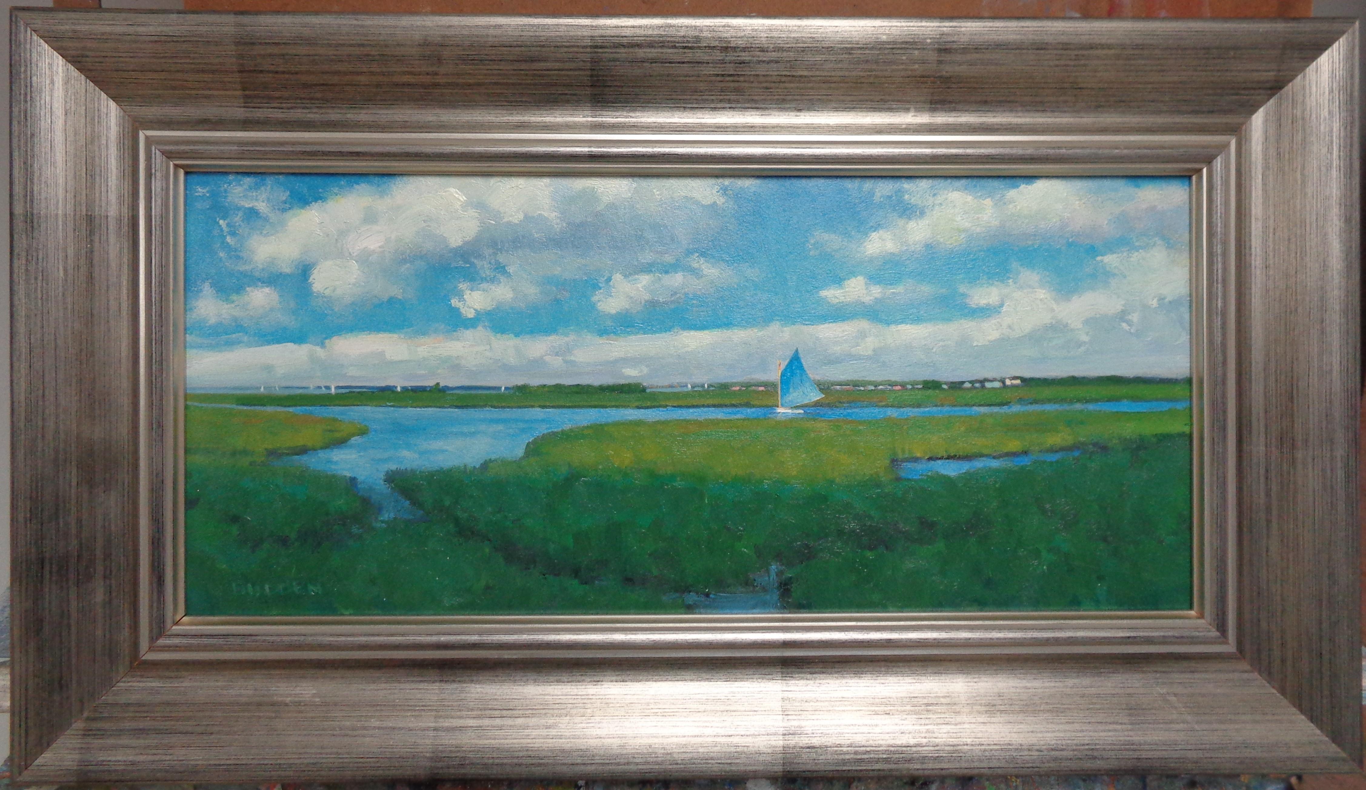 A Good Sailing Day
oil/panel
13.5 x 23.75 framed
An oil painting on canvas by award winning contemporary artist Michael Budden that showcases a unique composition of  life on the back water on a summer day created in an impressionistic realism