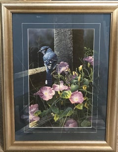 Blue Jay Floral,  Stampa contemporanea di animali selvatici con tappetino dipinto a mano Remarque d.