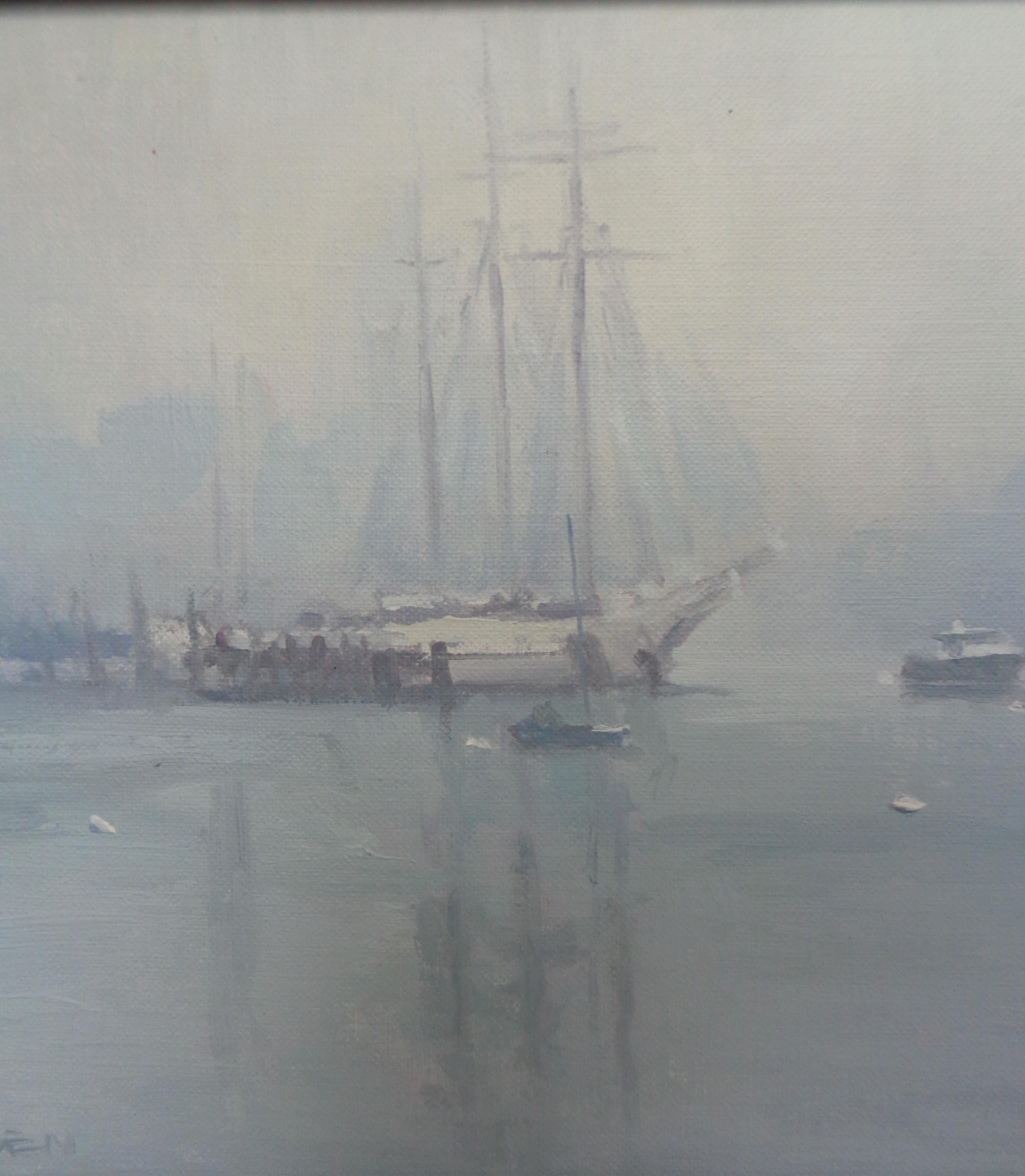 Boat Beach Ocean Impressionistic Seascape Painting Michael Budden Mystic Seaport For Sale 1