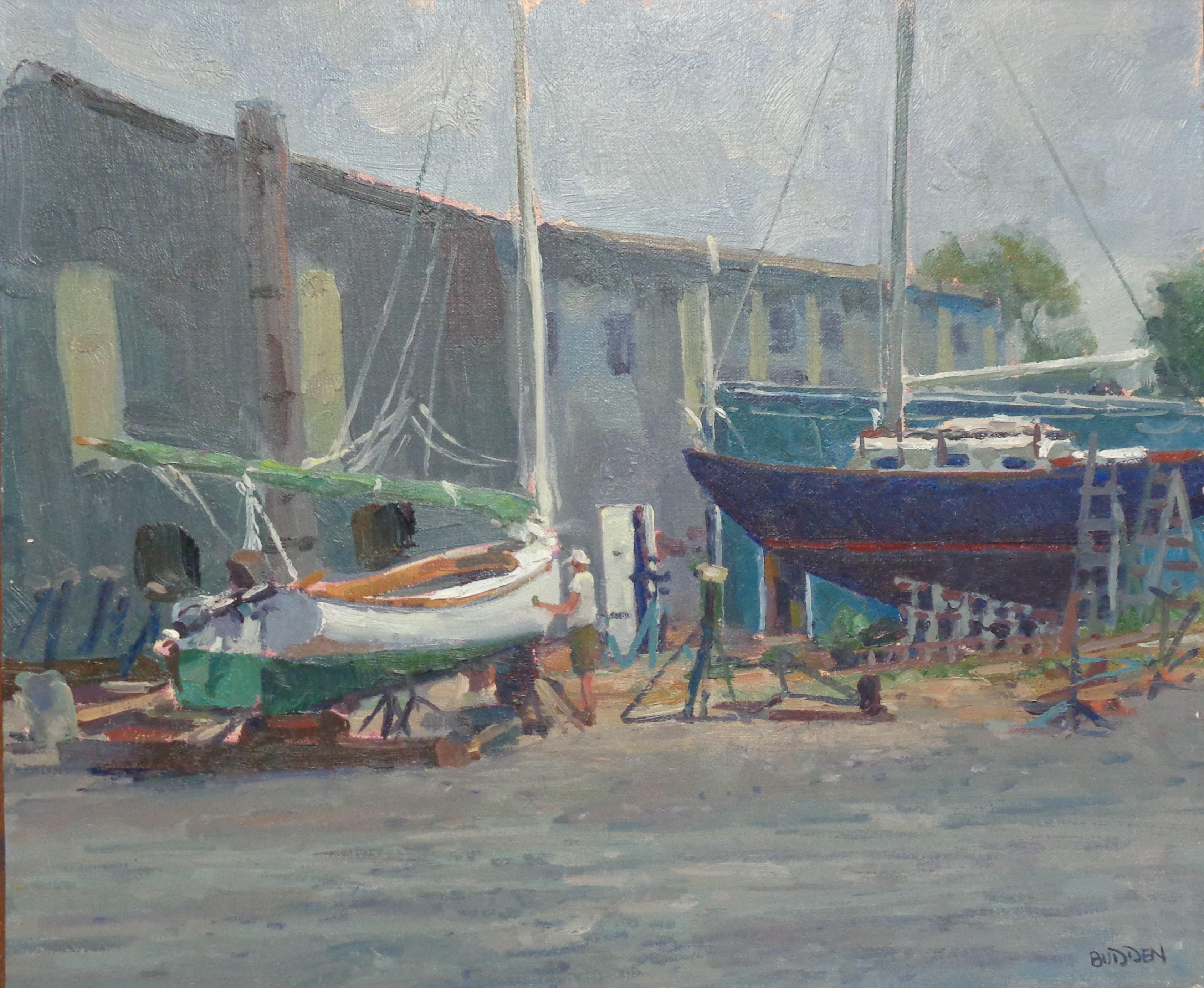 Lowery's Legacy  is a plein air oil painting on canvas panel by award winning contemporary artist Michael Budden that showcases a view of a worker working on his boat at Lowery's Boat yard on Tilghman island Md . Painted on location  back in 2008