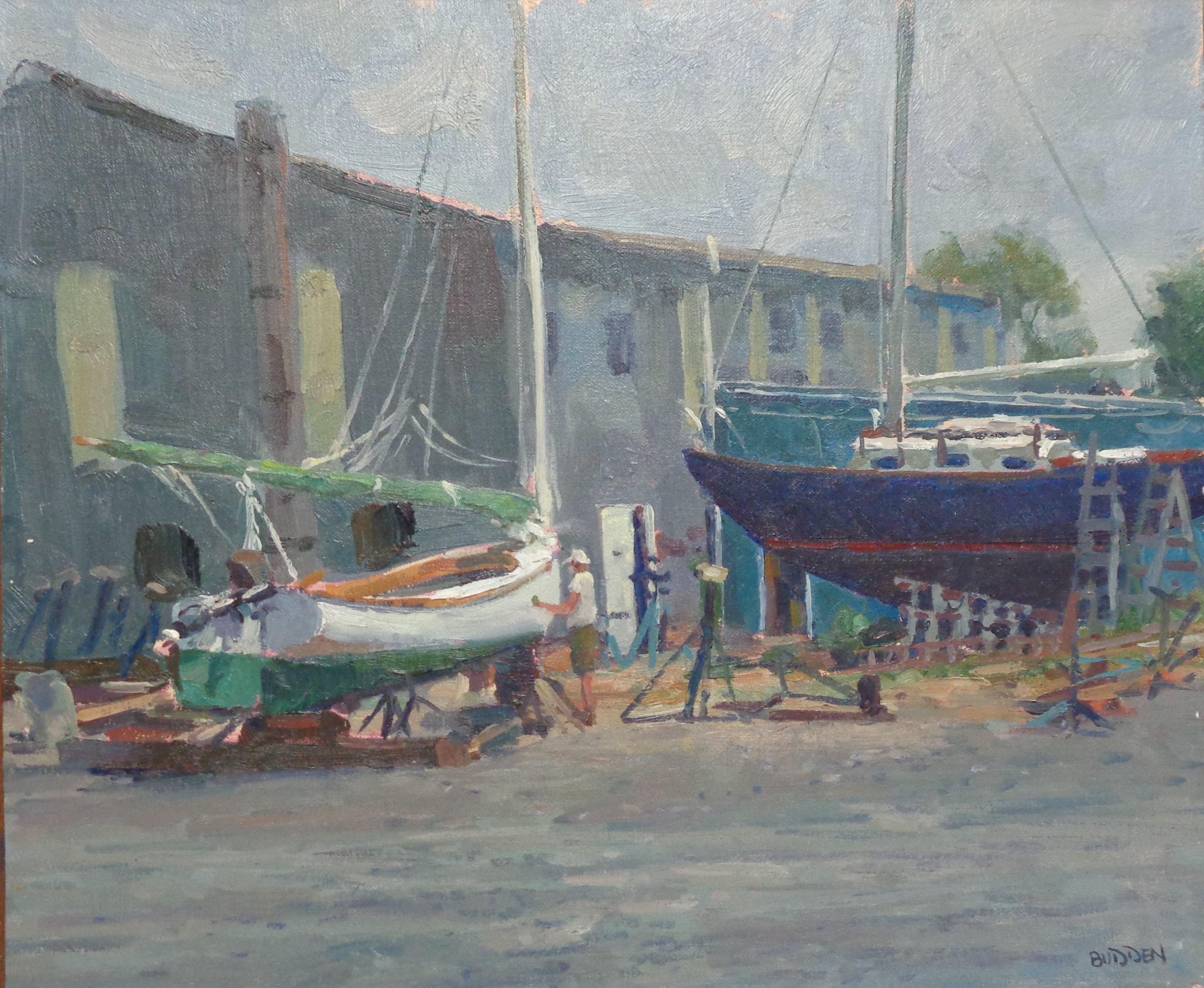 Boat Impressionistische Meereslandschaft, Gemälde Michael Budden Lowerys Tilghman Island Md