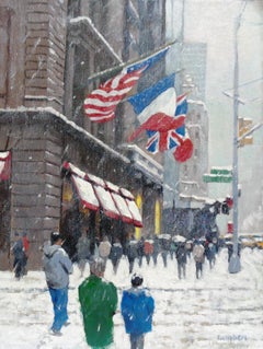 Cartier Flags, Contemporary NYC Winter Landscape Oil Painting by Michael Budden