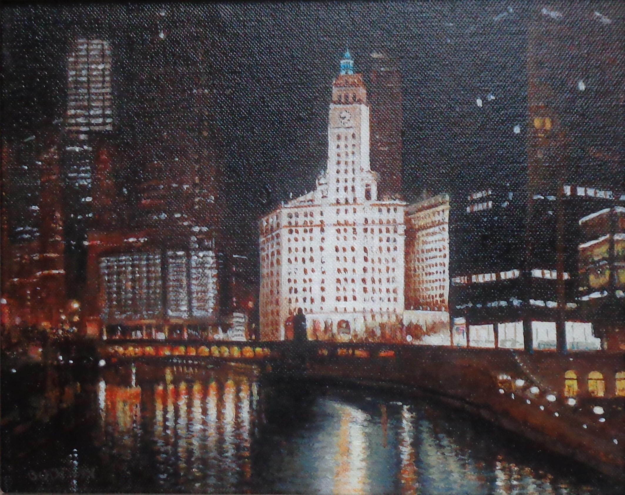 Chicago River Wrigley Clock Tower Cityscape Urban Painting by Michael Budden For Sale 1