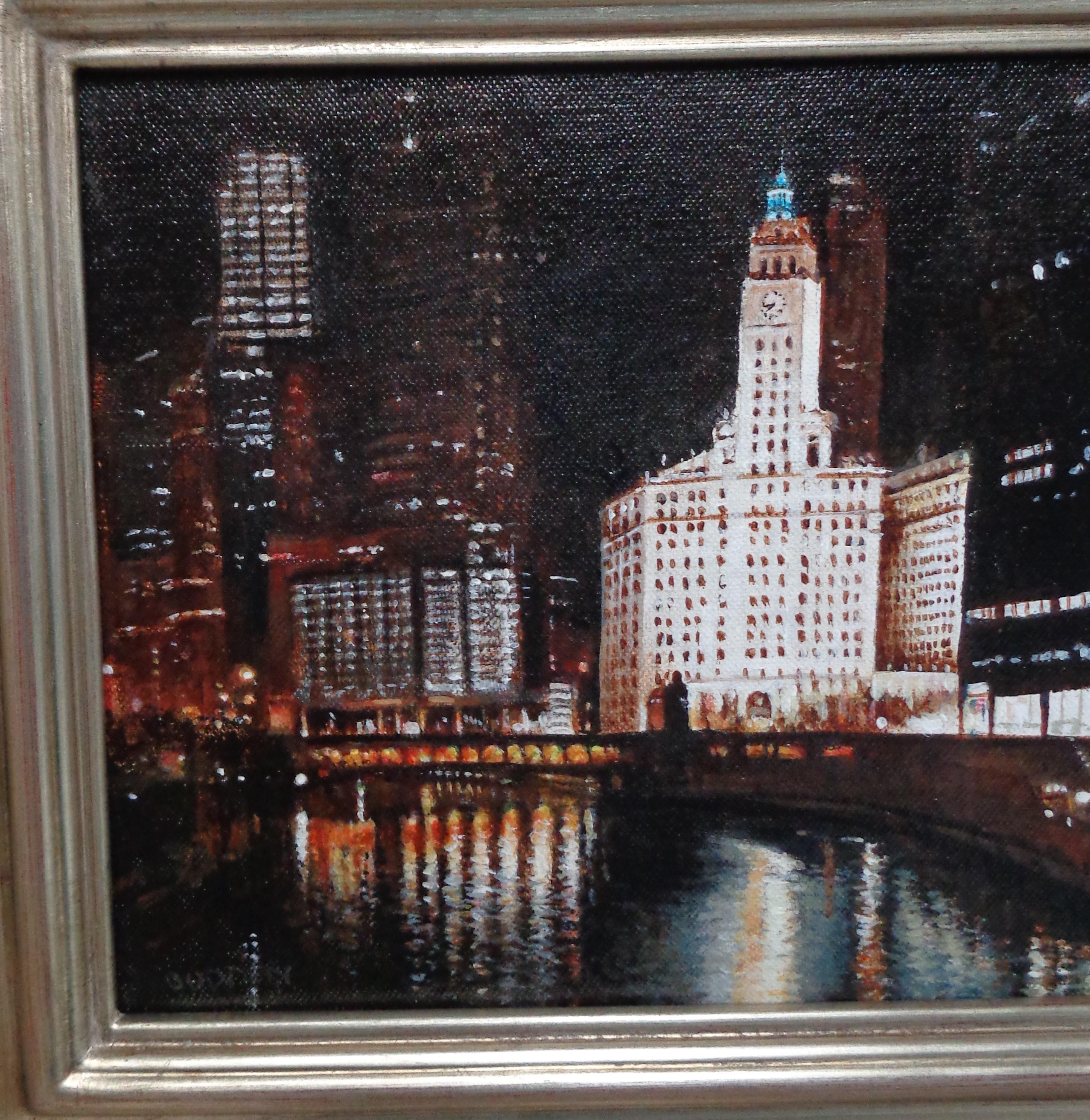 Chicago River Wrigley Clock Tower Paesaggio urbano dipinto da Michael Budden in vendita 2